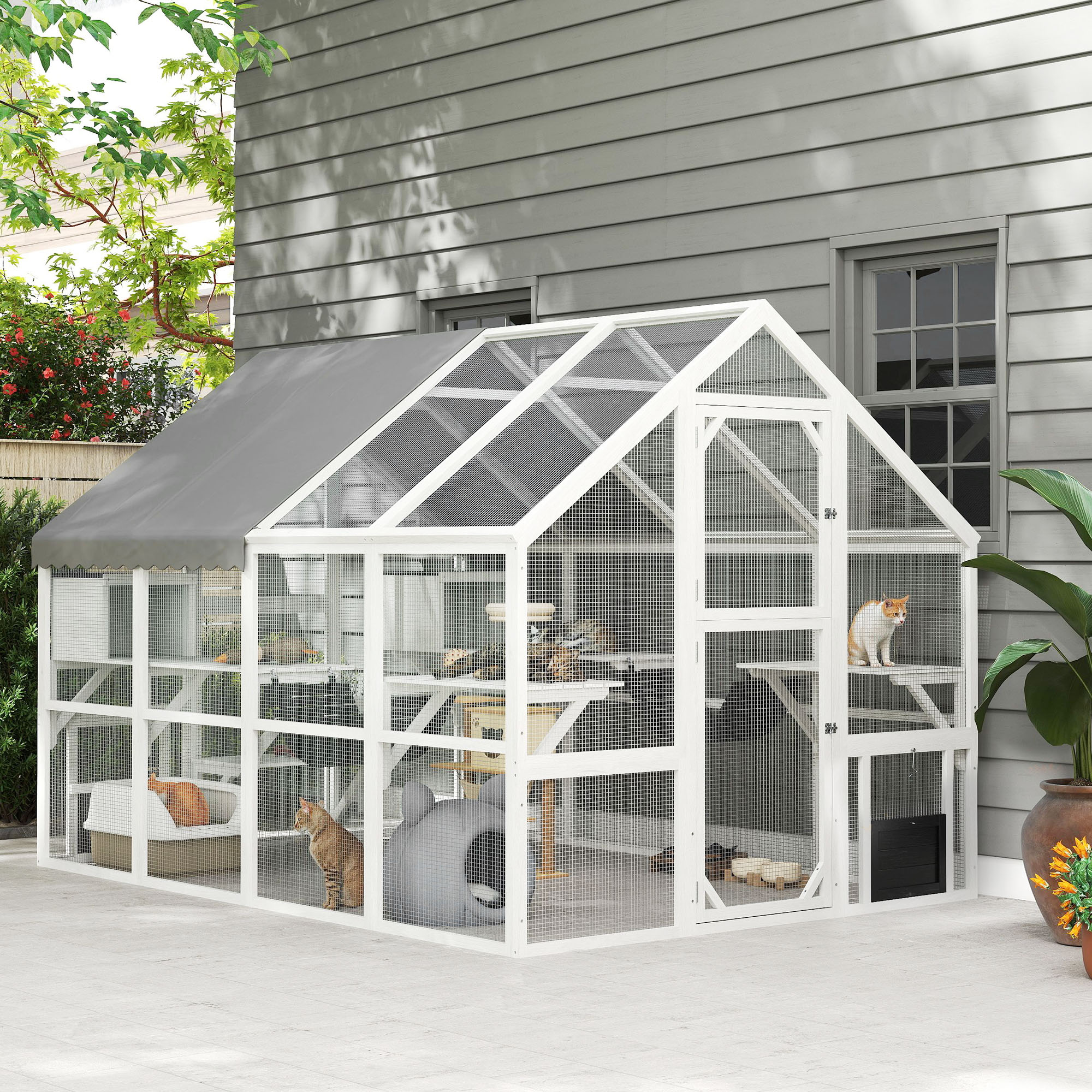 Outdoor Cat Enclosure Wooden Feral Cat House w/ Weatherproof Canopy, Bridges, Resting Boxes, Platforms, for 3-6 Cats