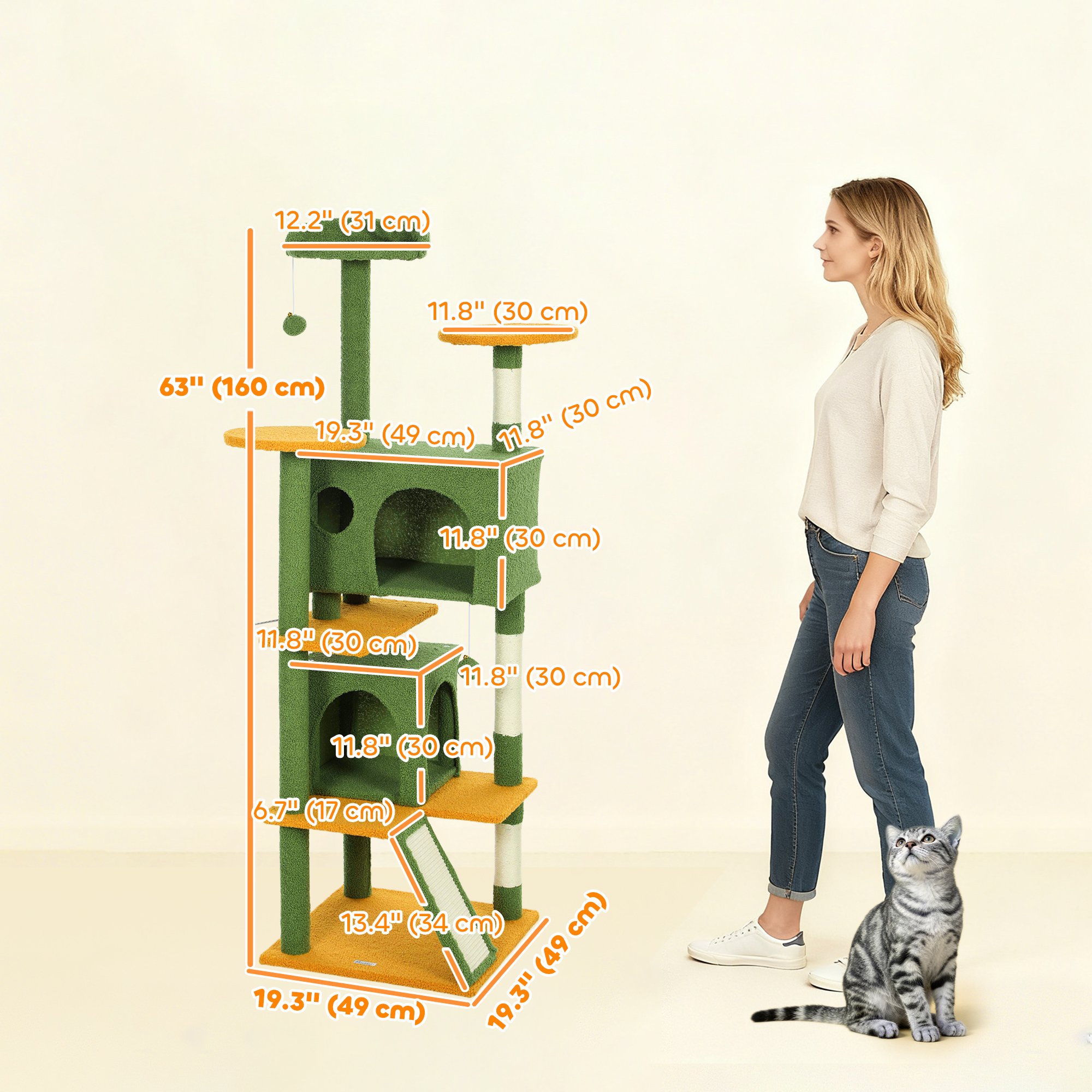 63" Cat Tree, Multi-Level Cat Tower with Scratching Posts, Cat Condos, Bed, Platforms, Ramp, Toy Ball, Green