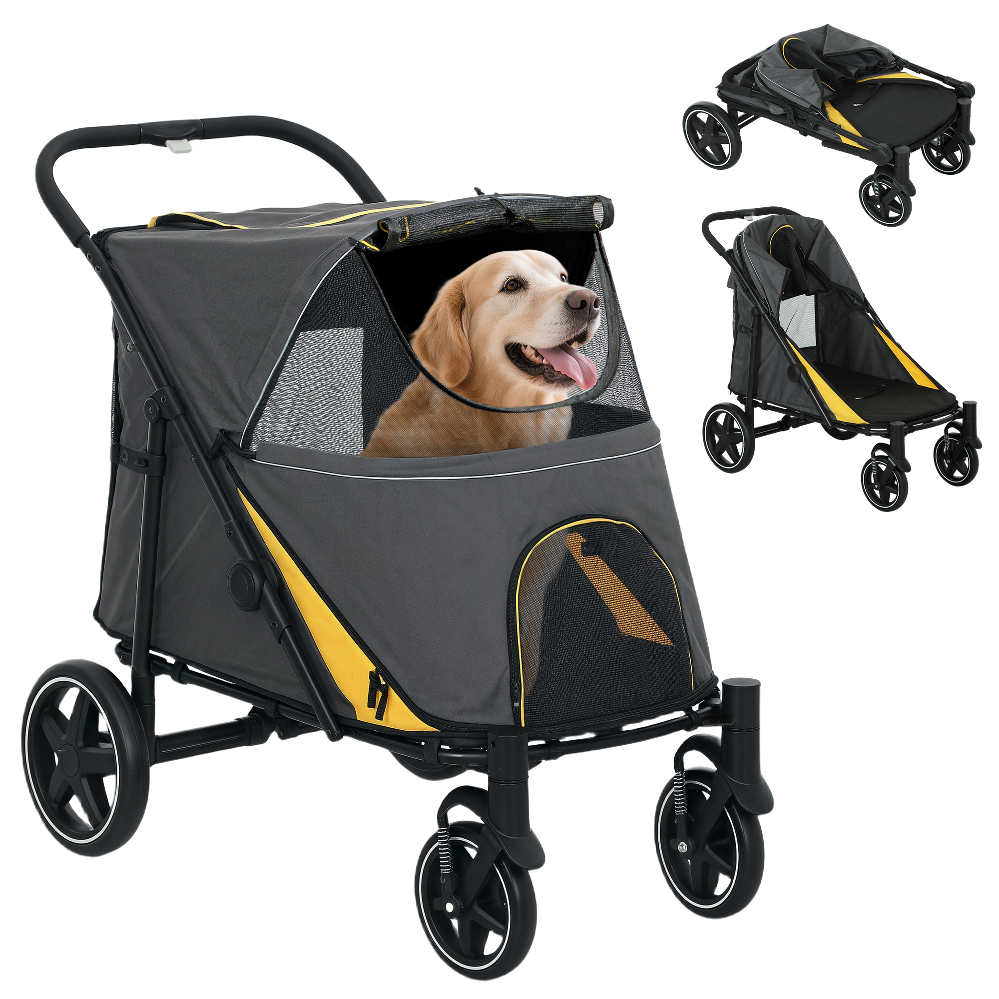 Foldable Pet Stroller with Universal Front Wheels, Shock Absorber, Dog Cat Carriage for Large & Medium Dogs, Dark Grey - Image 2
