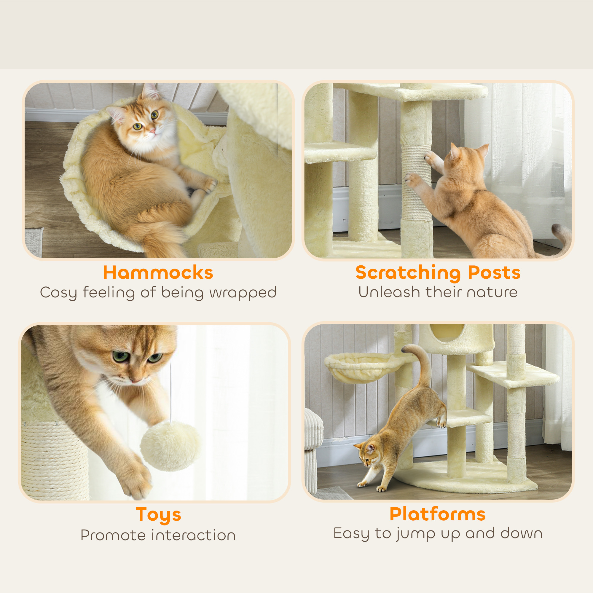 62" Cat Tree with Scratching Post, 2 Condos, Hammock, Perches, Plush, Pompoms, for Indoor Cats, Beige - Image 7