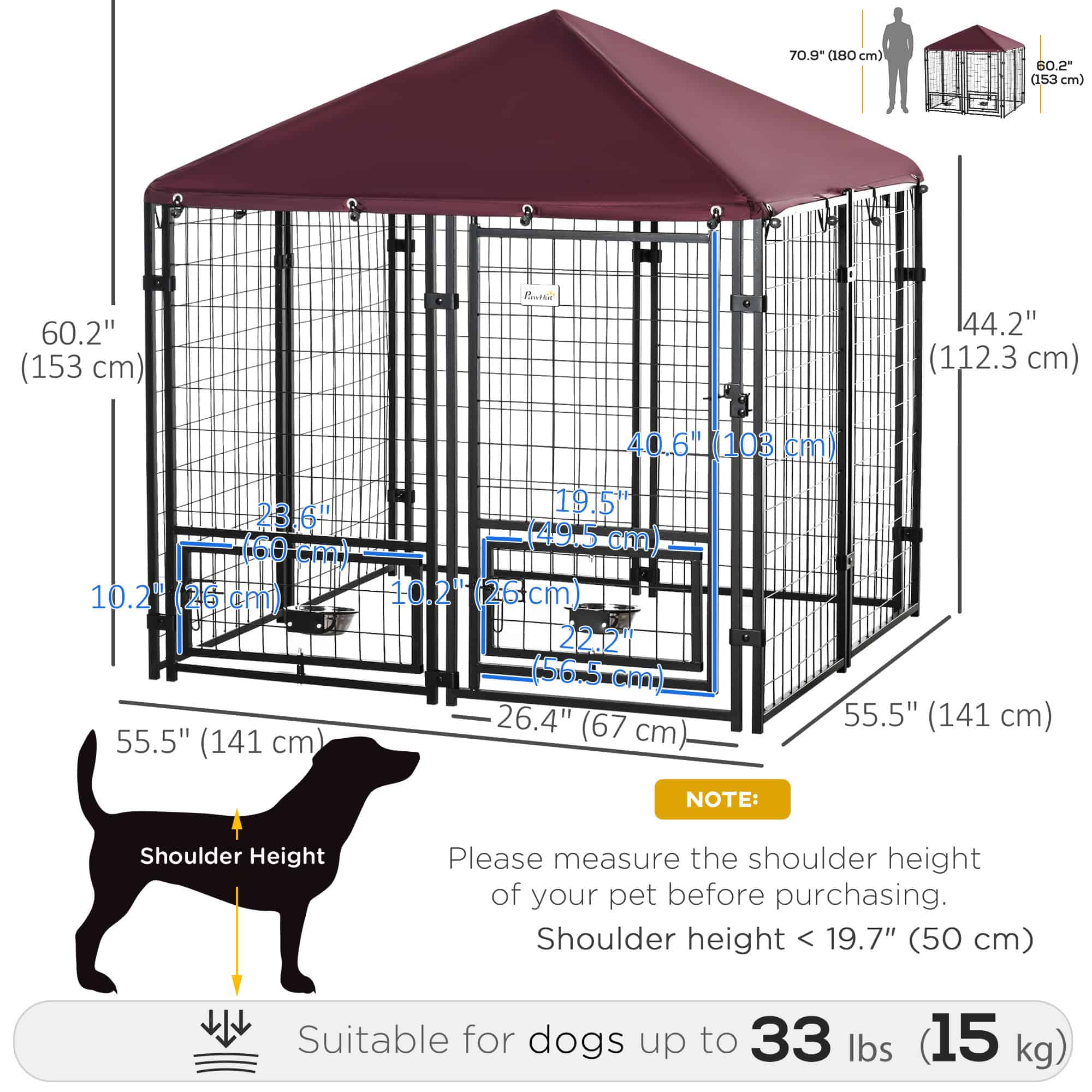 Outdoor Dog Kennel, Lockable Pet Playpen Crate, Welded Wire Steel Fence, Rotating Bowl Holders, Red
