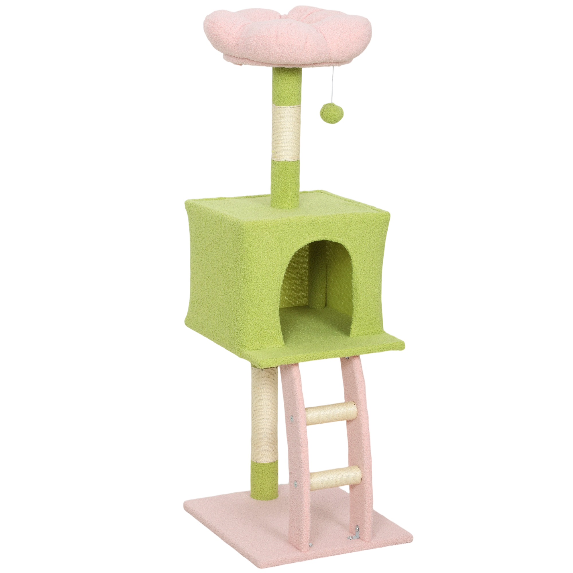 48" Flower Cat Tree with Scratching Post, Cozy Bed, Condo, Climbing Ladder, Perch, Dangling Ball, Green