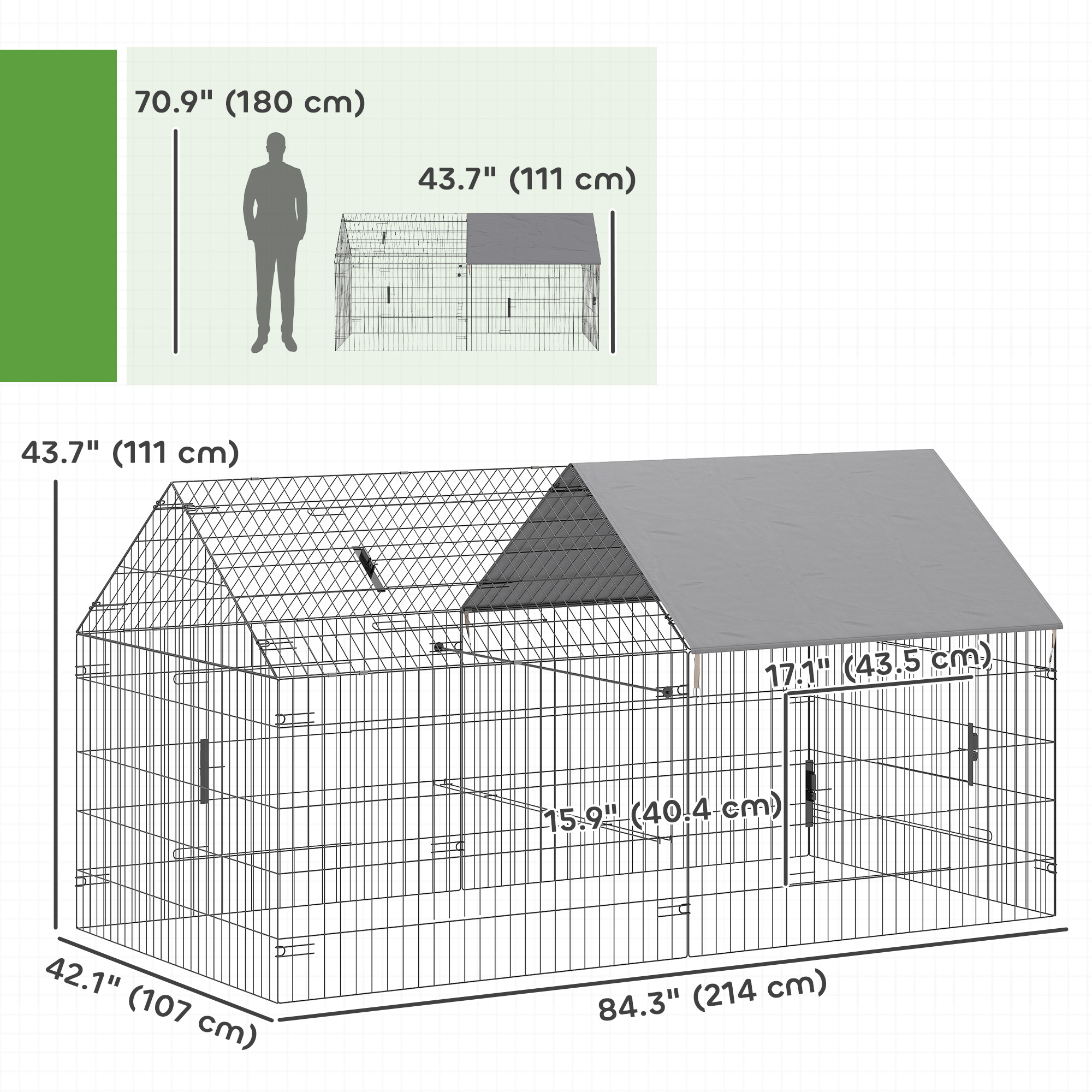 Metal Chicken Coop, Large Chicken Run with Water-Resistant & Anti-UV Cover for 2-3 Hens, Outdoor Hen House with 4 Doors