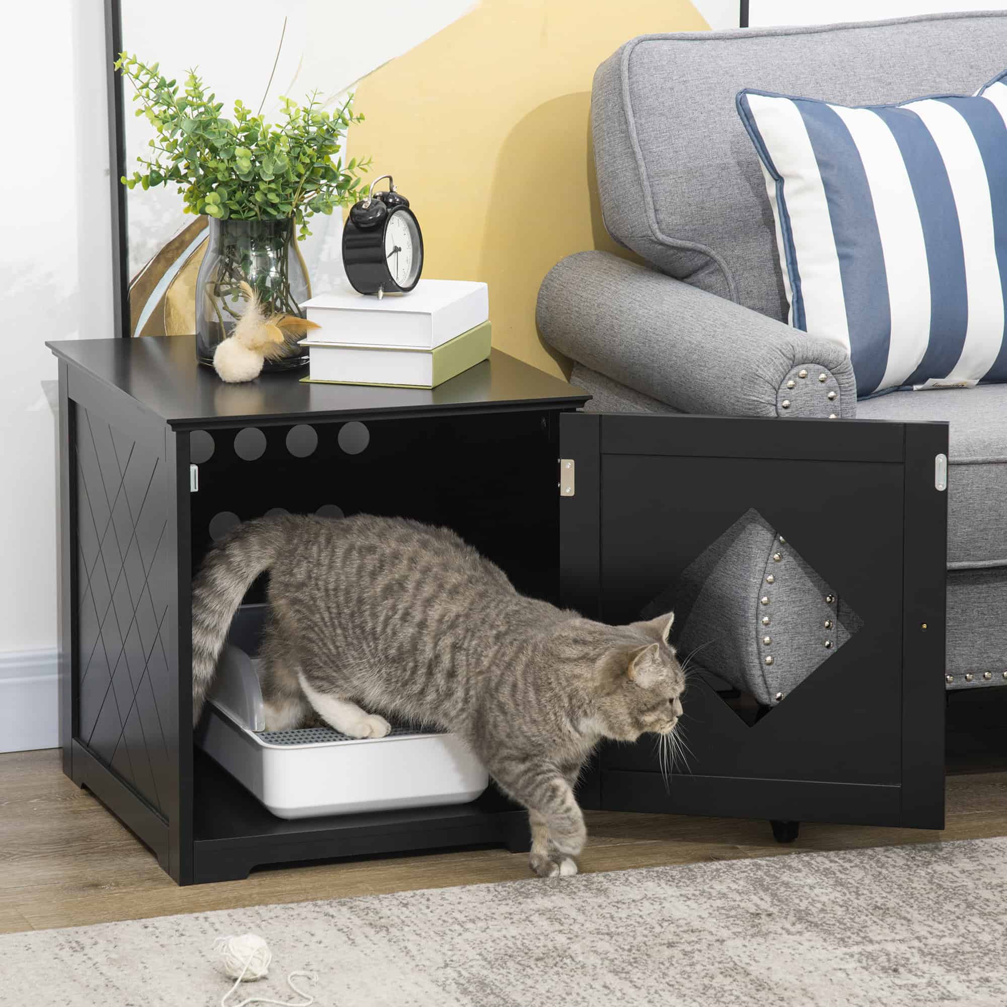 Cat Litter Box Enclosure End Table, Indoor Cat Washroom with Magnetic Door, Hidden Litter Box Nightstand with Large Tabletop, Easy Assembly, Black