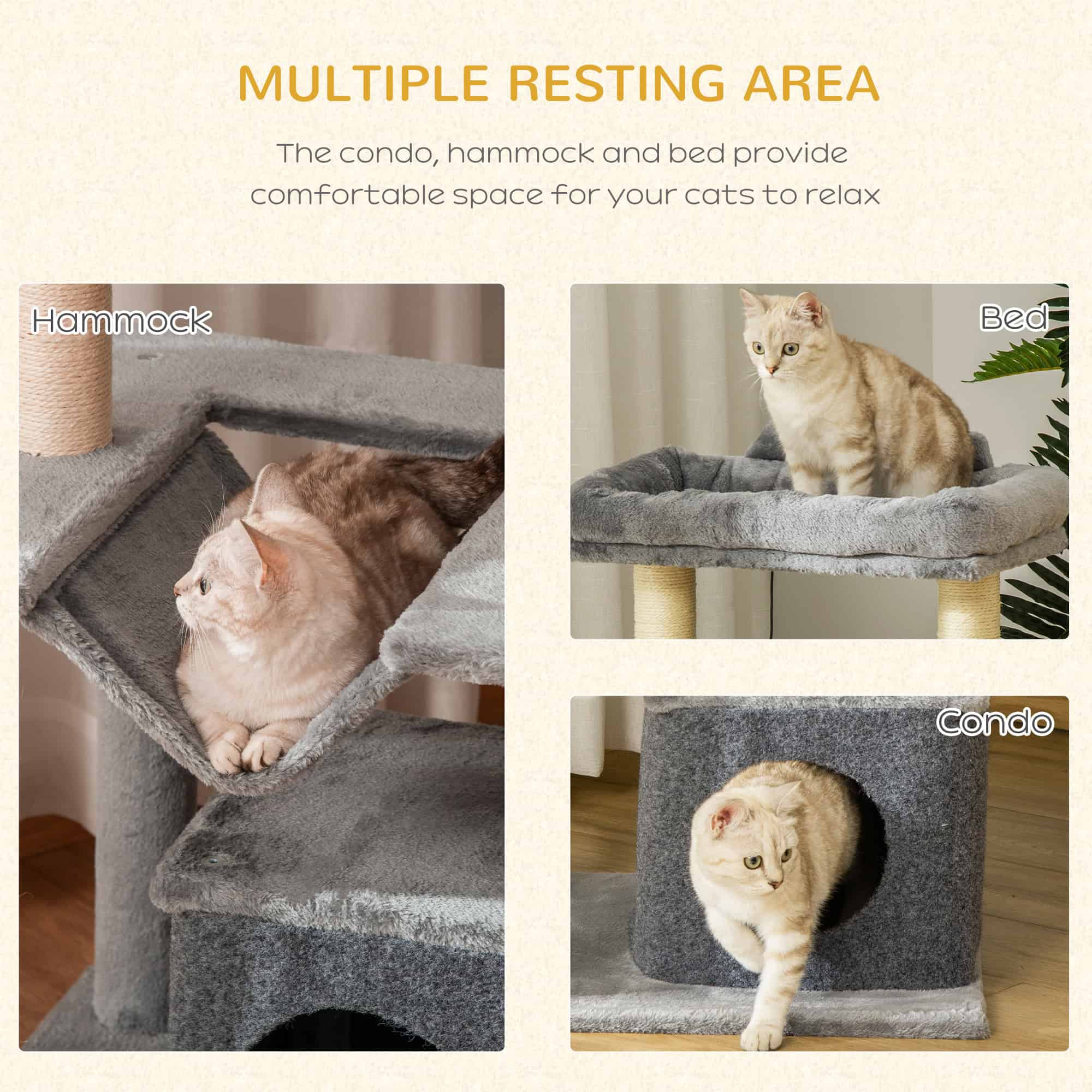 39.25'' Cat Tree Tower Multi-Level Kitten House with Scratching Post Condo Hammock Bed Ball Toy - Grey