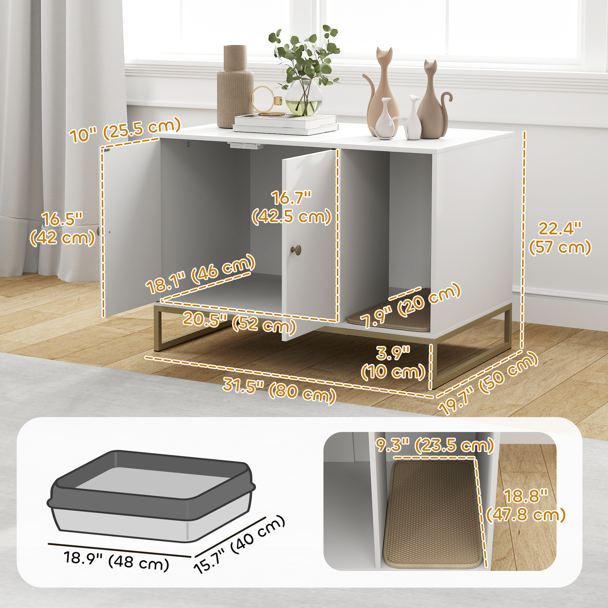 Cat Litter Box Enclosure with Tall Legs, Litter Mat, Fits Mots of Litter Box, 31.5" x 20" x 22", White - Image 3
