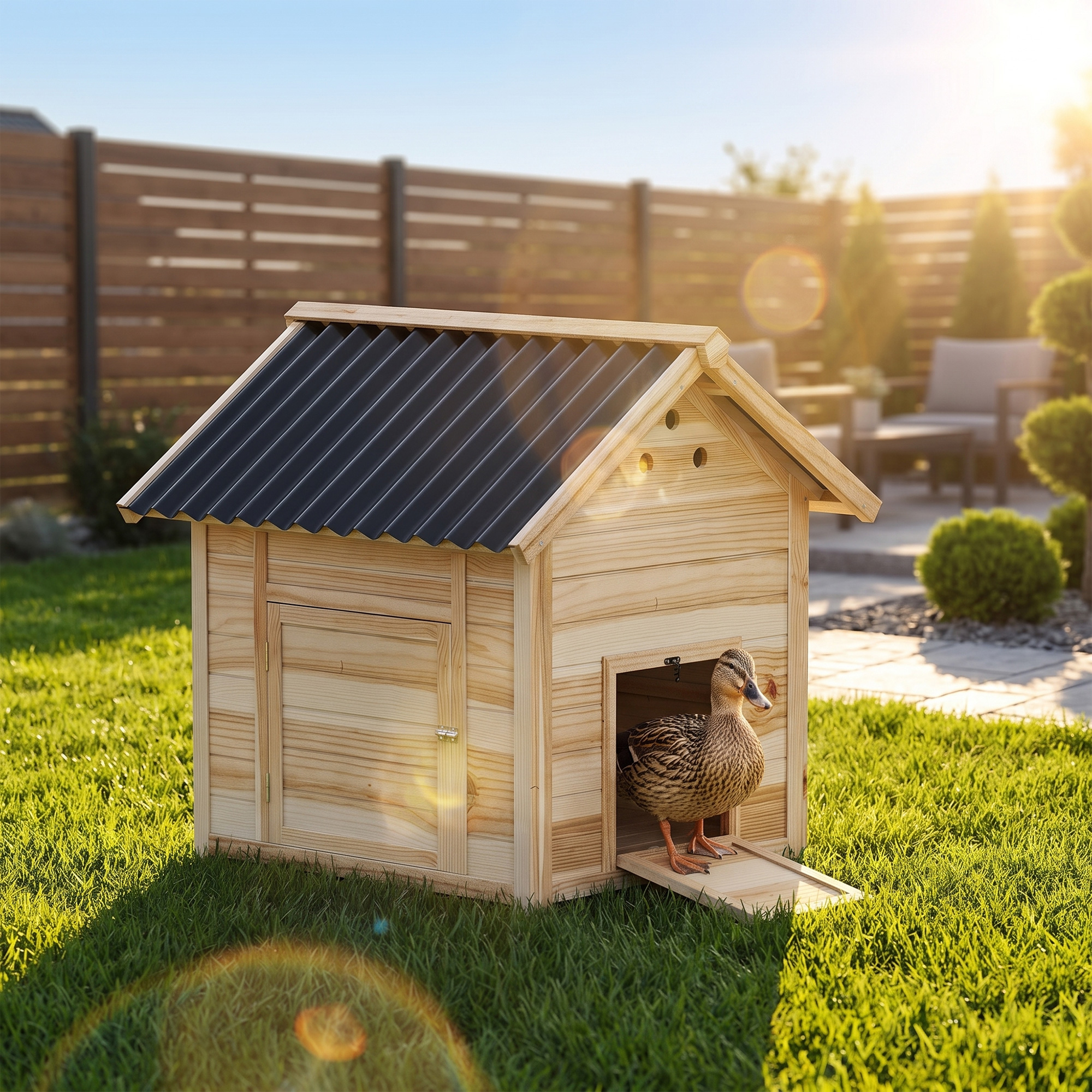 Duck Coop, Wooden Duck House with Openable Roof & Double Doors, Natural Wood - Image 8