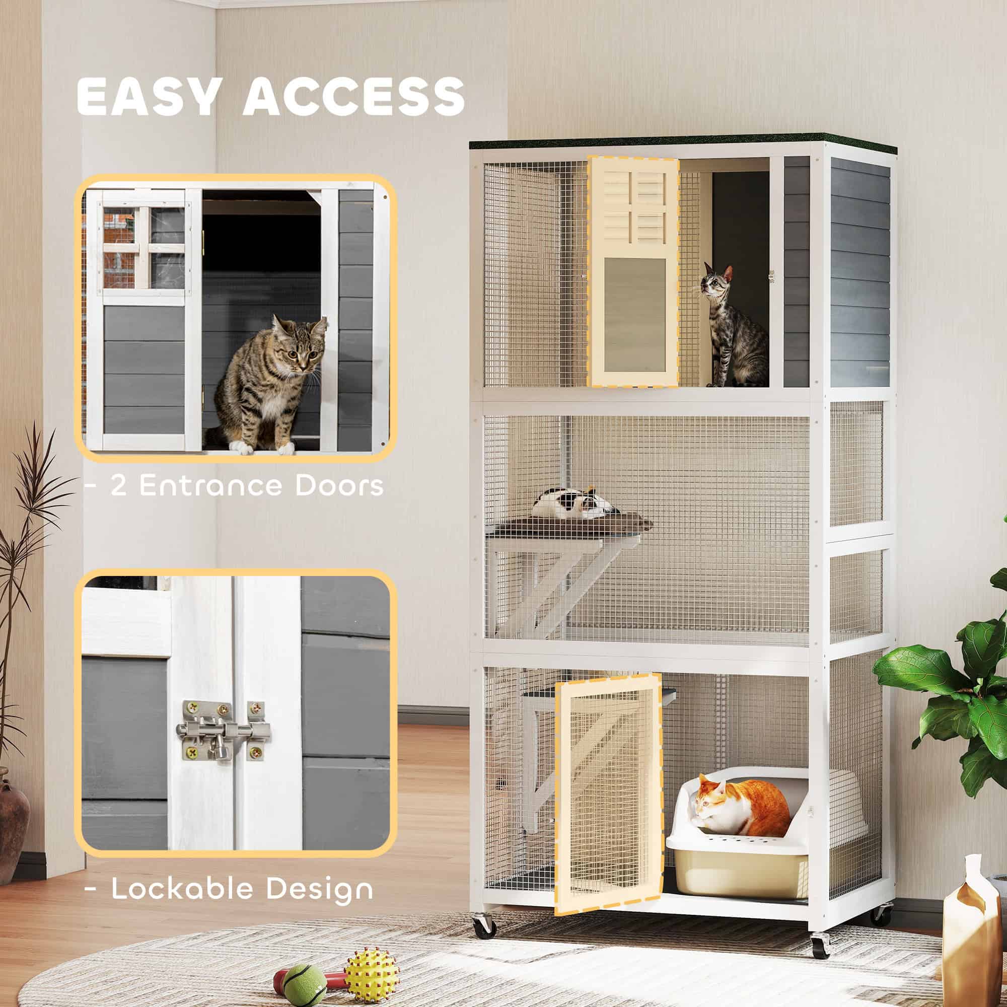74" Wooden Outdoor Cat House Weatherproof & Wheeled with High Weight Capacity, Kitten Cage Condo, White - Image 7