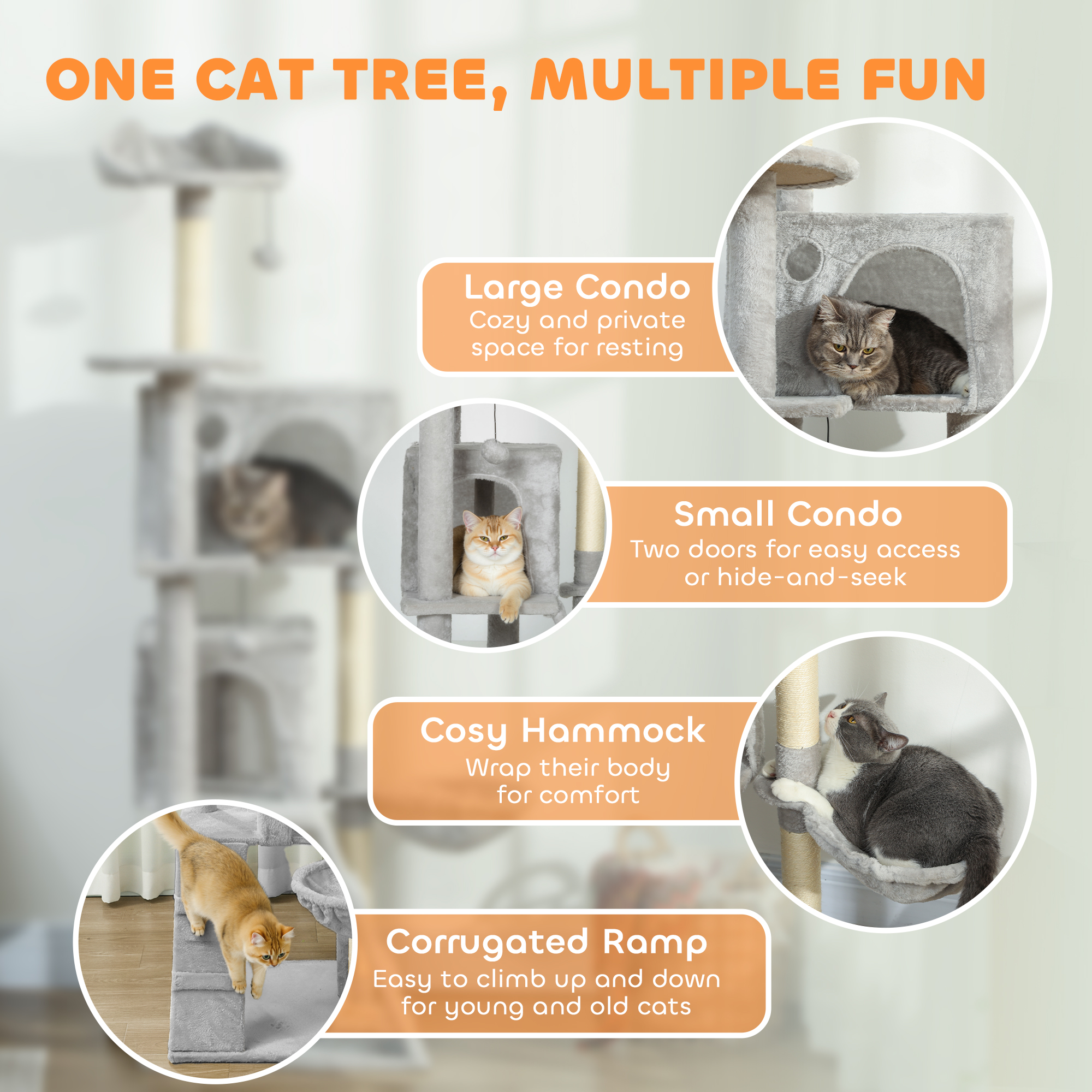 63 Inch Cat Tree with Sisal Scratching Posts, Condos, Plush Perches, Hammock, Ladder, Dangling Balls, Light Grey