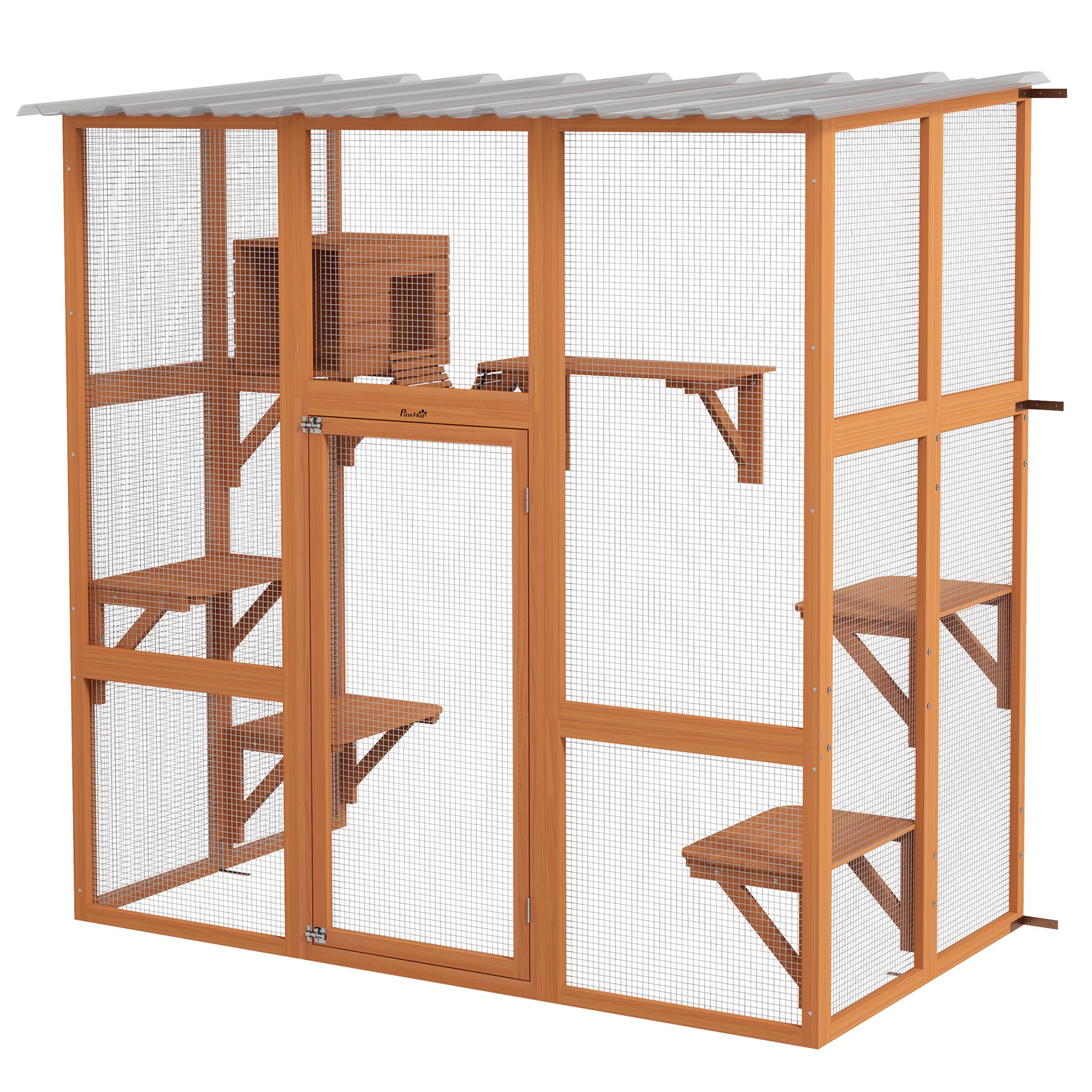 Large Outdoor Catio with Weatherproof Roof, Bridge, Resting Box, Platforms, Orange