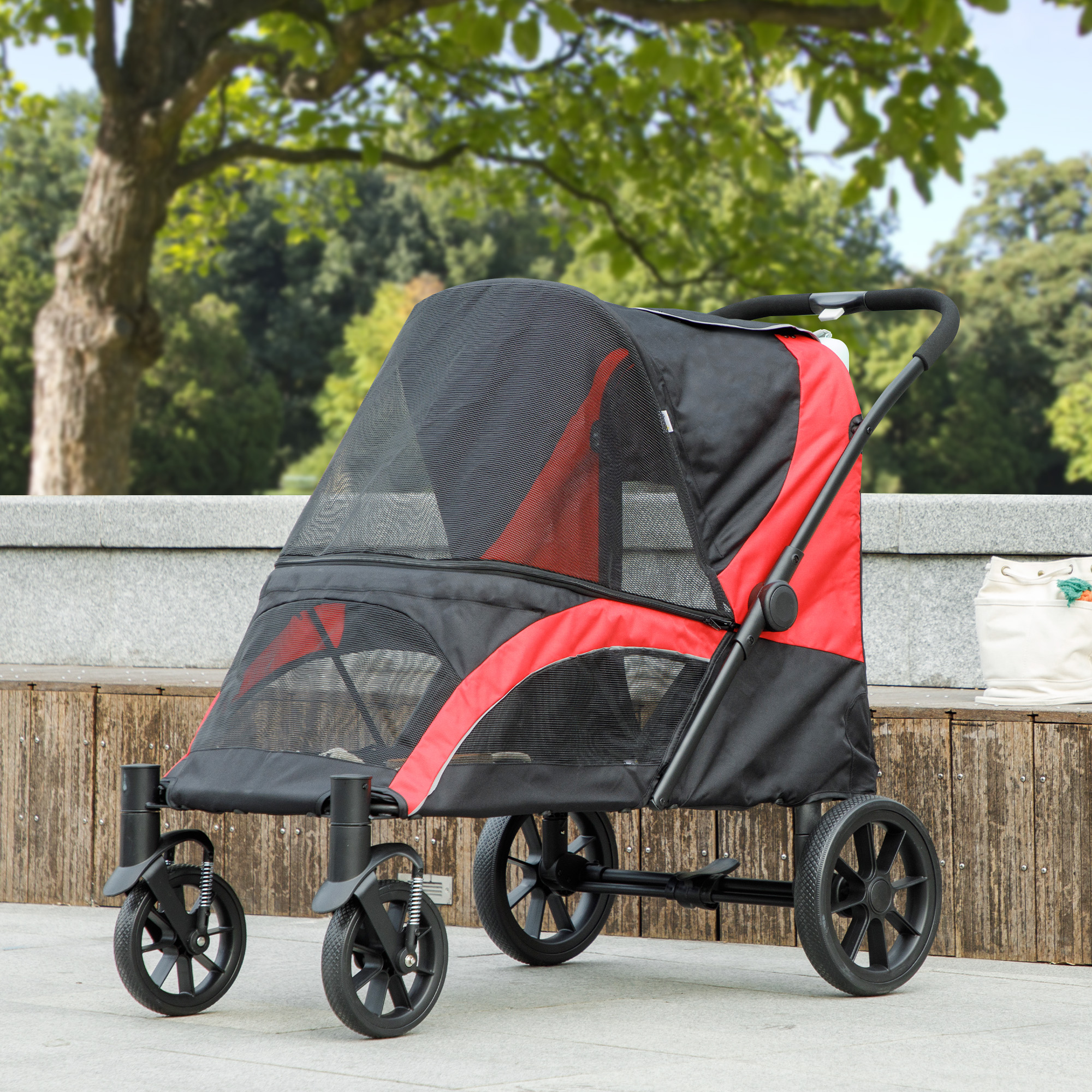 Foldable Pet Stroller for Medium Dogs with Four Big Wheels, Shock-Absorbing Frame, Safety Leashes, Brakes, Black