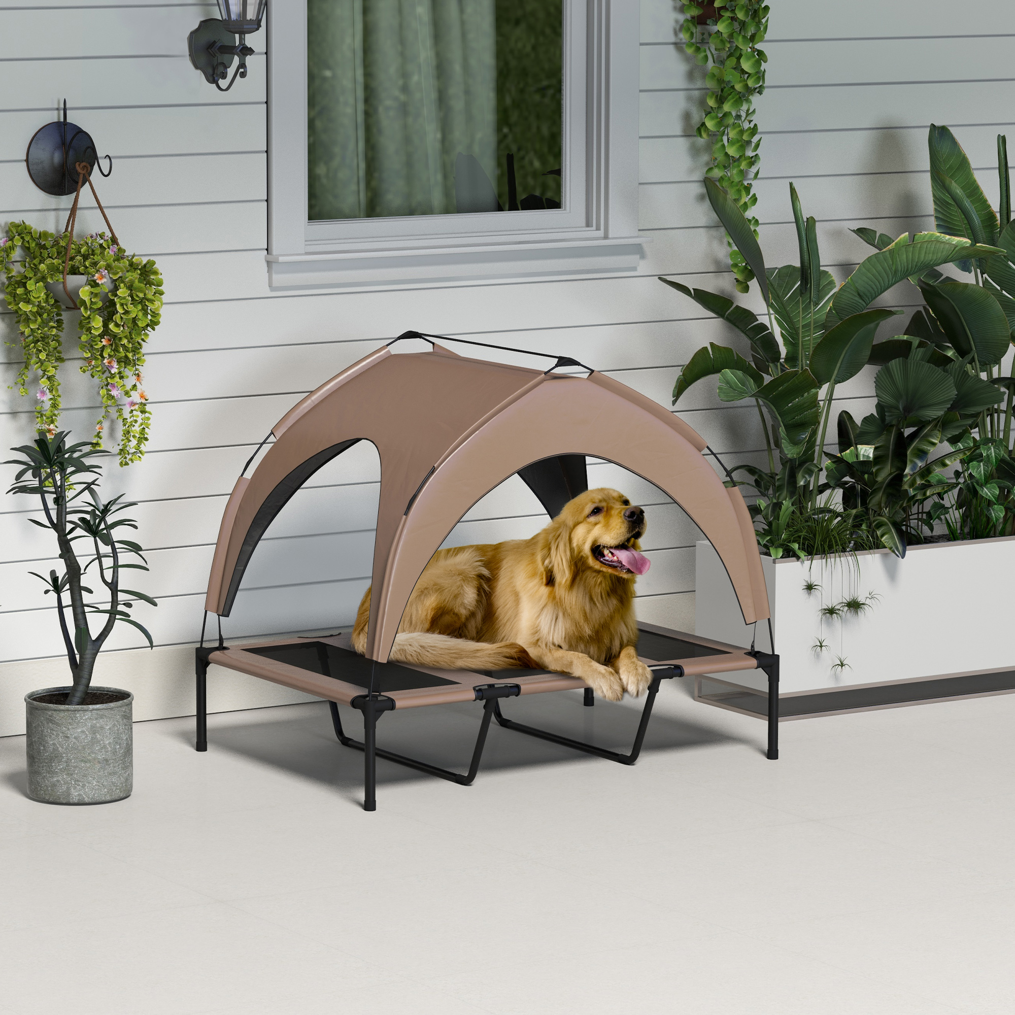 Raised Dog Bed Cooling Dog Cot w/ Canopy Washable Breathable Mesh, for Large Dogs, Coffee