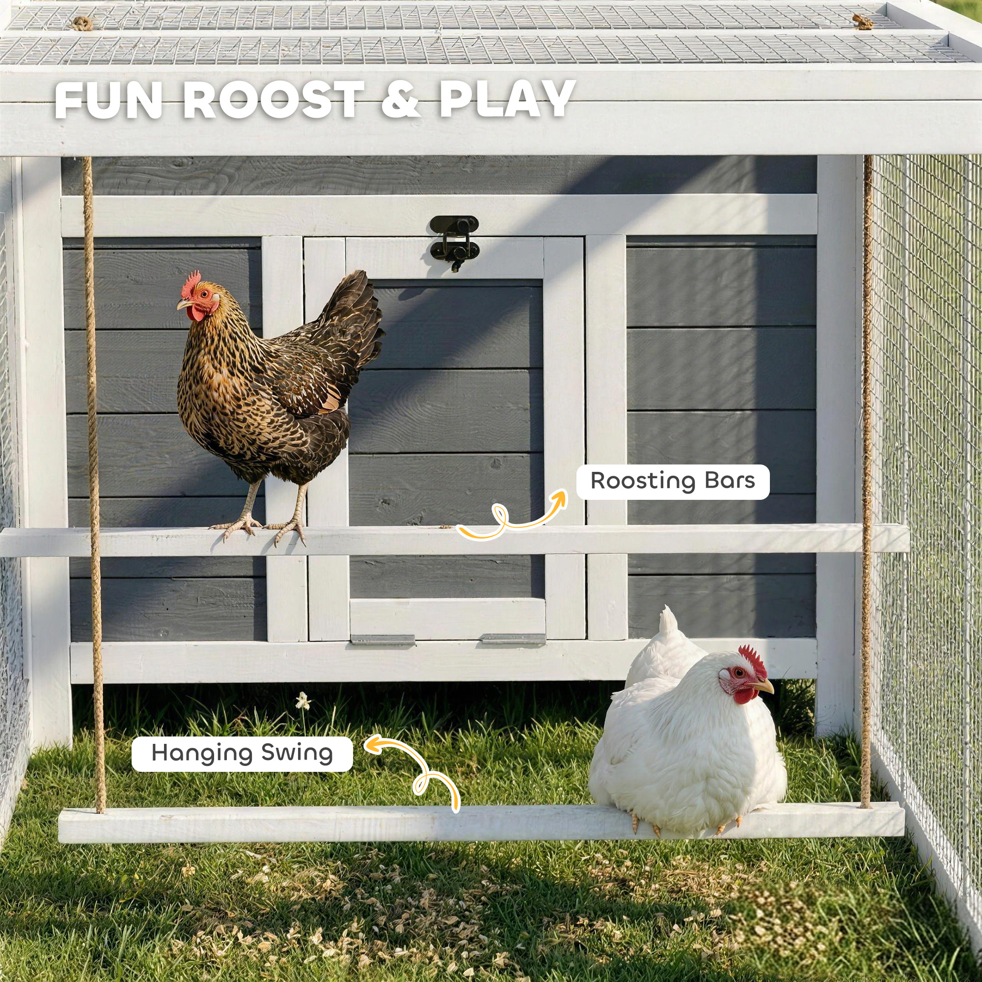 118"L Chicken Coop, Large Wooden Hen House with Run, Pull-Out Tray, Waterproof Roof, Nesting Box, Swing, Roosting Bars - Image 7