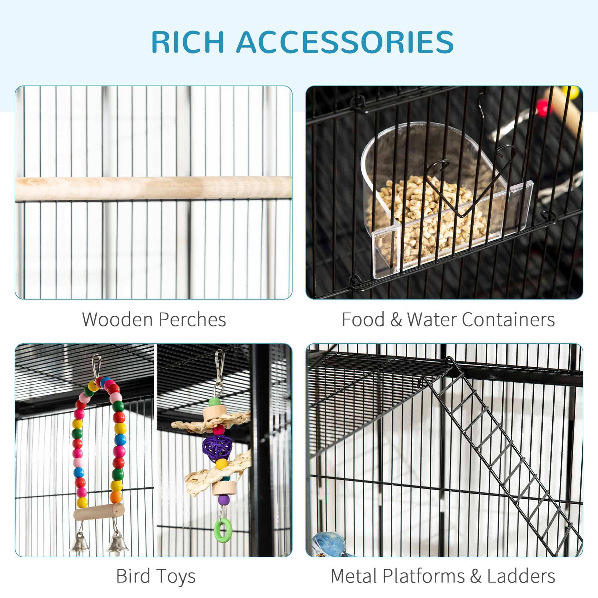 71" Bird Cage with Wheels Perches, Ramp, Storage Shelf, Toys for Canaries, Finches, Cockatiels, Parakeets, Black