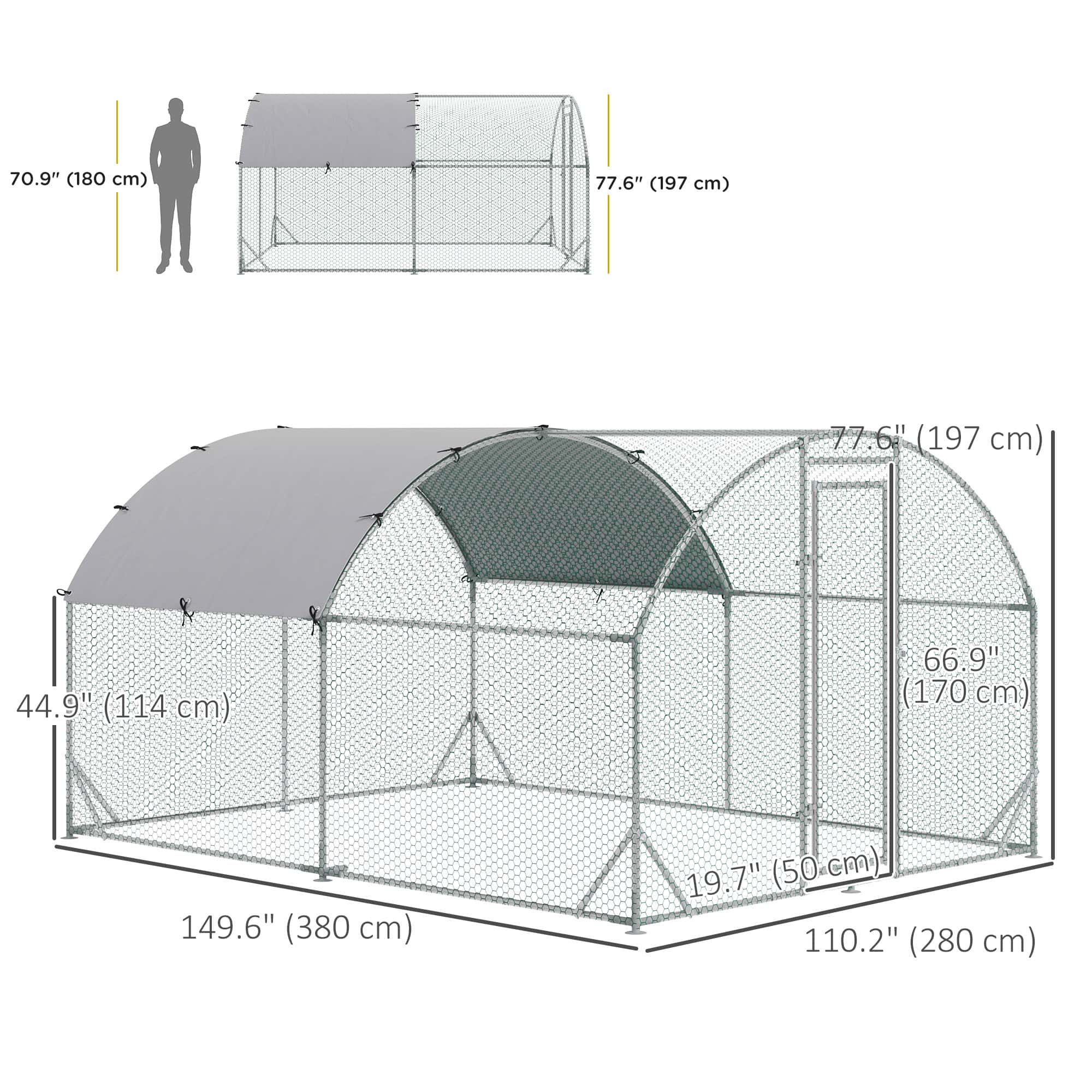 Galvanized Large Metal Chicken Coop Cage Walk-in Enclosure Poultry Hen Run House Playpen Rabbit Hutch with Cover for Outdoor Backyard 9.2' x 12.5' x 6.5' Silver