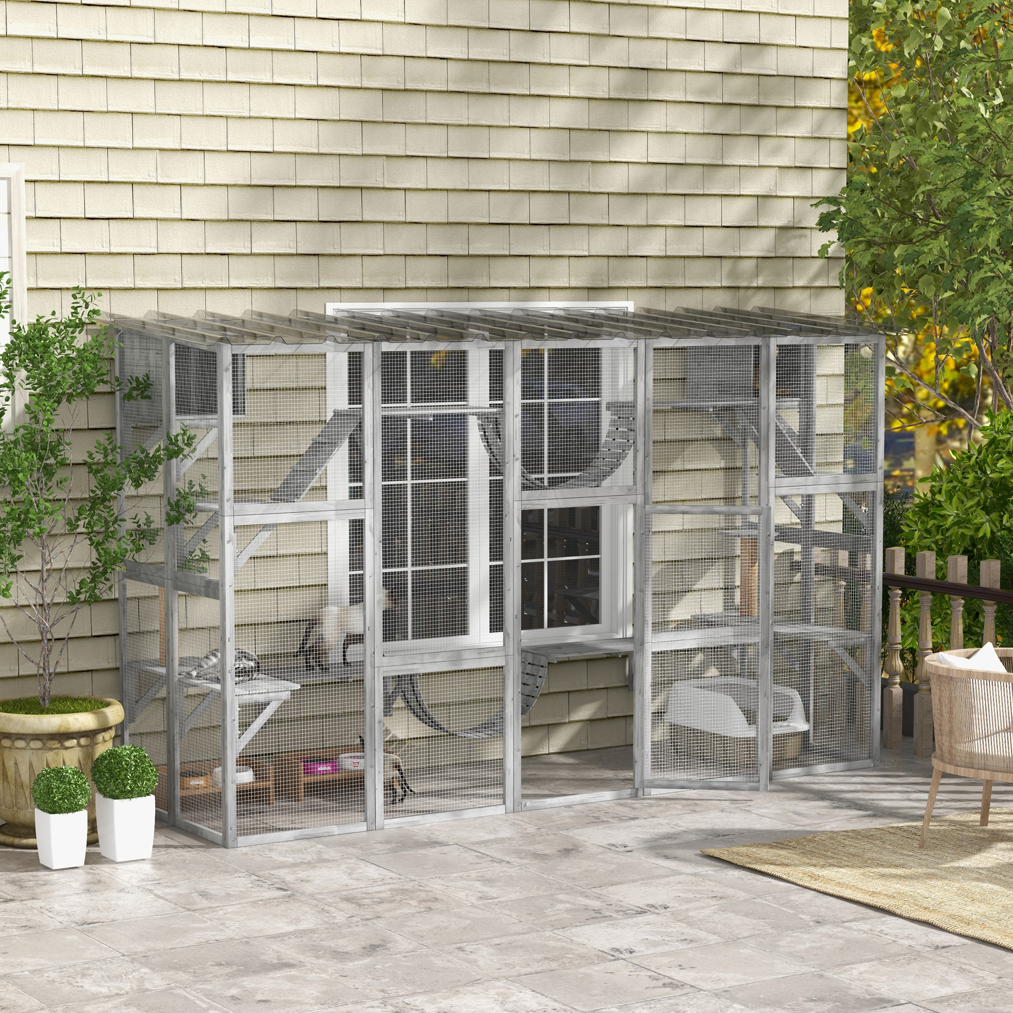 Large Outdoor Catio with Condos, Platforms, Doors, Ladders, Weather-Resistant Roof, Grey