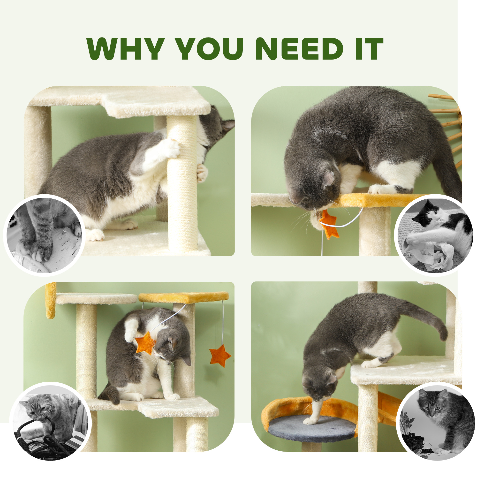 Star and Moon Themed Cat Tree with Cat Scratching Posts, Cat Condo, Bed, Scratching Board, Cat Toys, Beige