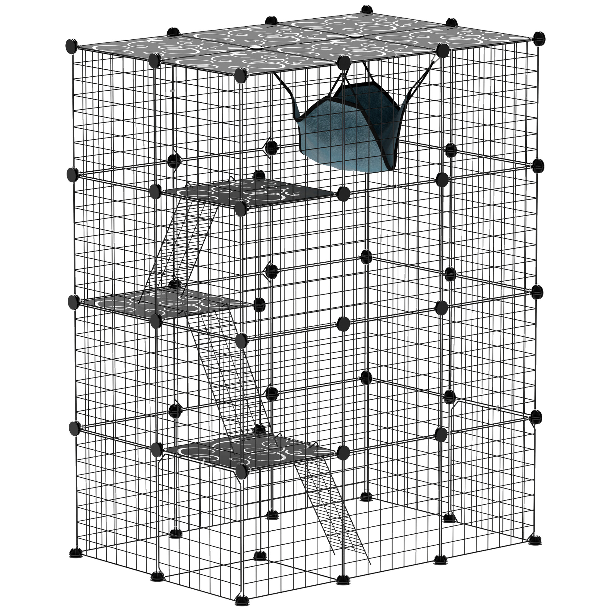 4-Tier DIY Large Cat Cage with Hammock, Platforms, Ramps, Accessories for 1-3 Cats, Indoor Use, Black
