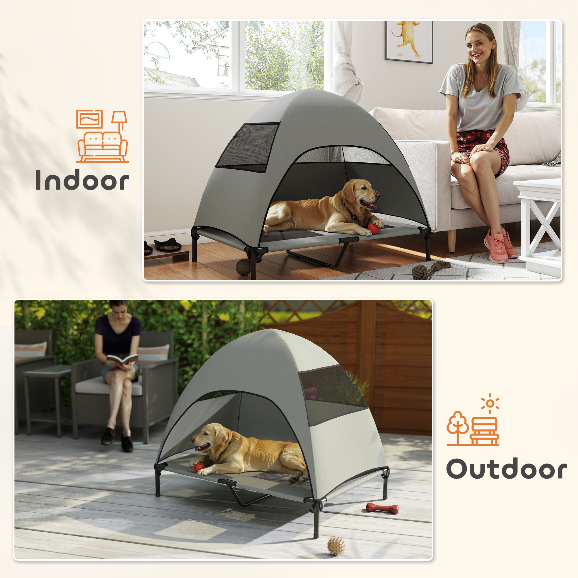 Elevated Dog Bed with Canopy Raised Dog Bed Washable Mesh Steel Frame 41.7" x 29.9" x 39" Light Grey