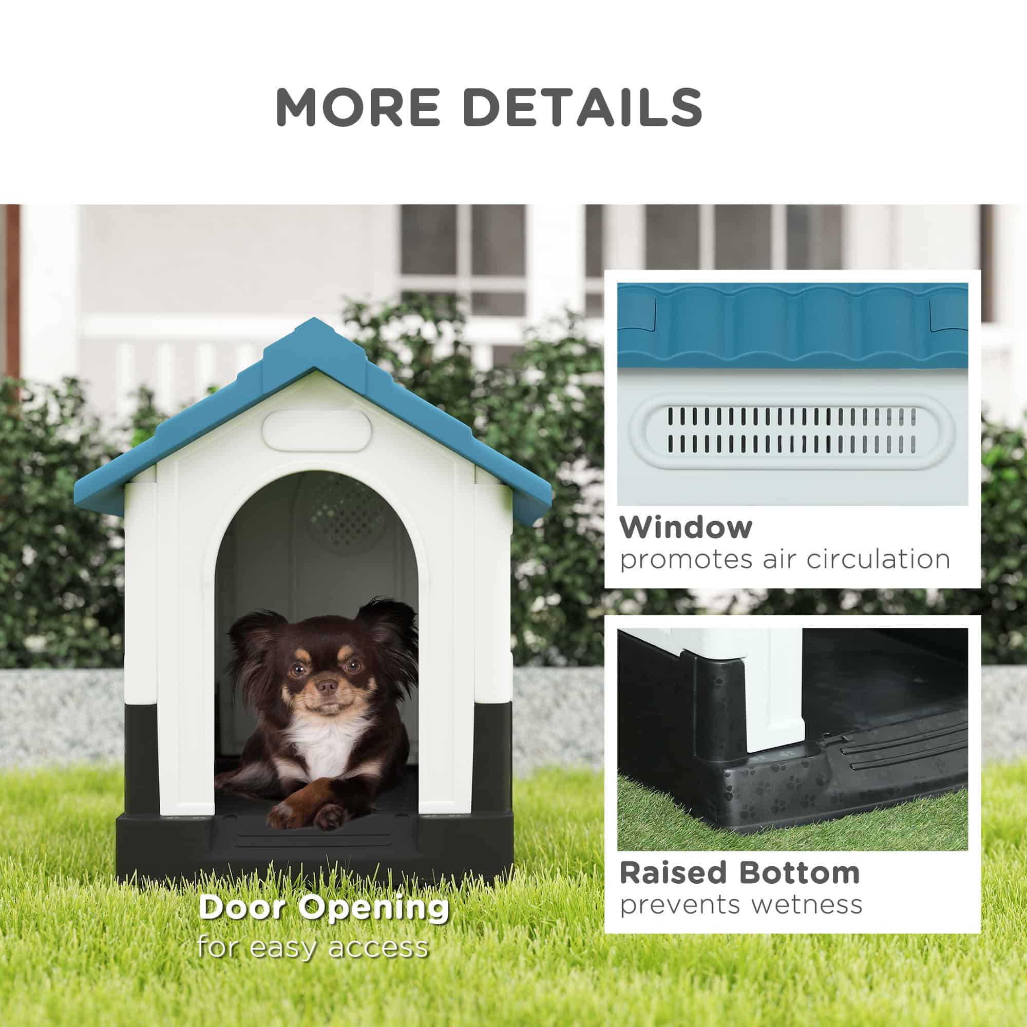 Outside Dog Kennel House with Windows, Base Support, for Garden Patio, Miniature Dogs, 64.5 x 57 x 66cm, Blue