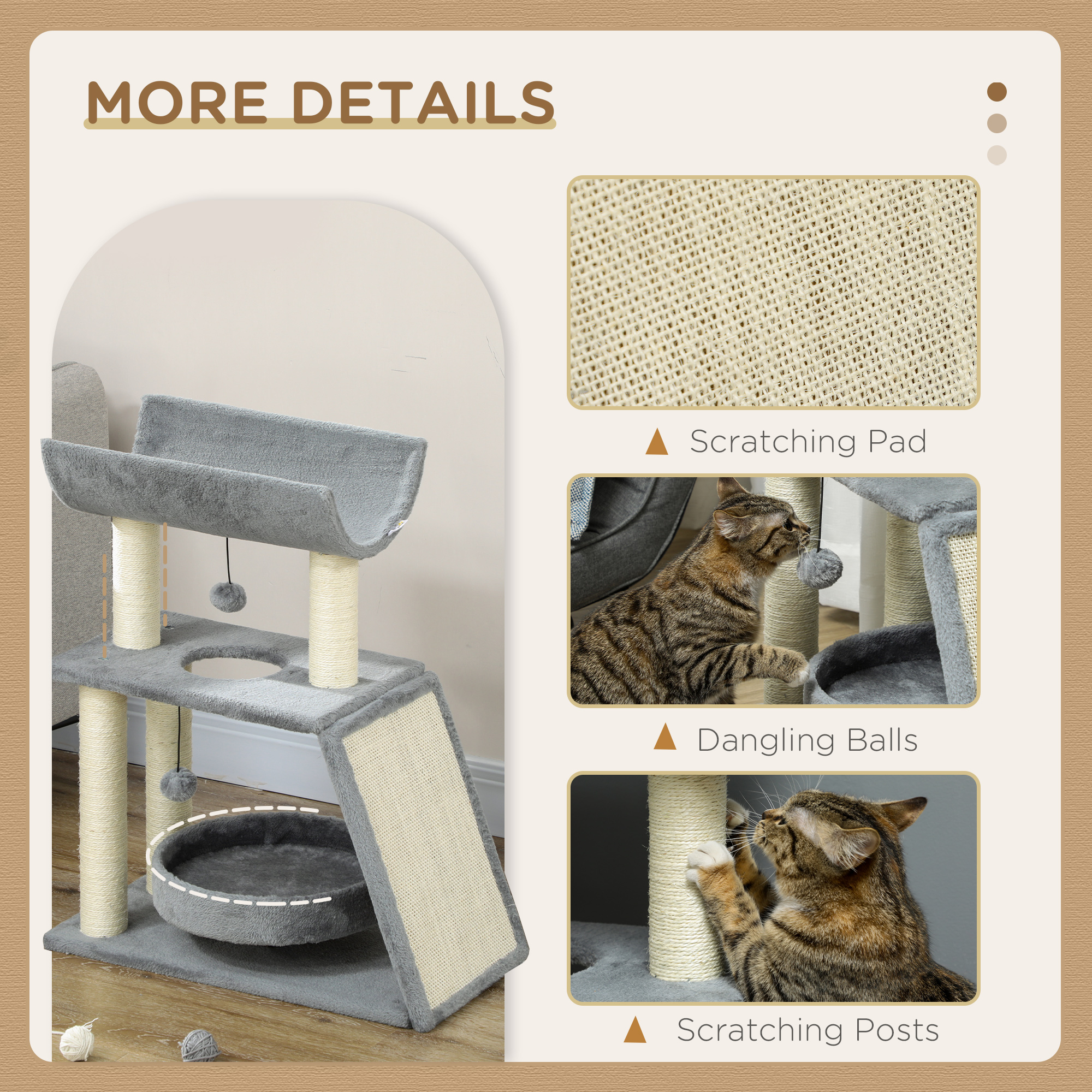 Small Cat Tree with Perch, Scratching Posts, Pad, Bed, Toy Balls, Light Grey
