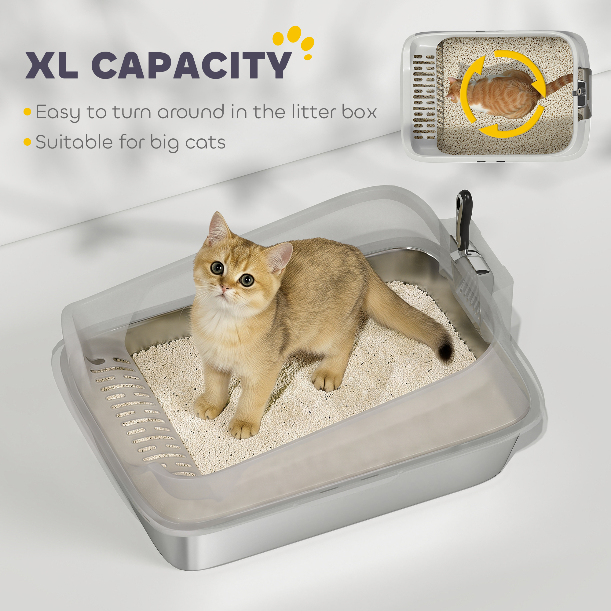 Cat Litter Box Stainless Steel with Metal Litter Scoop, Never Absorbs Odors, Anti Leakage, 24" x 16" x 12", Grey
