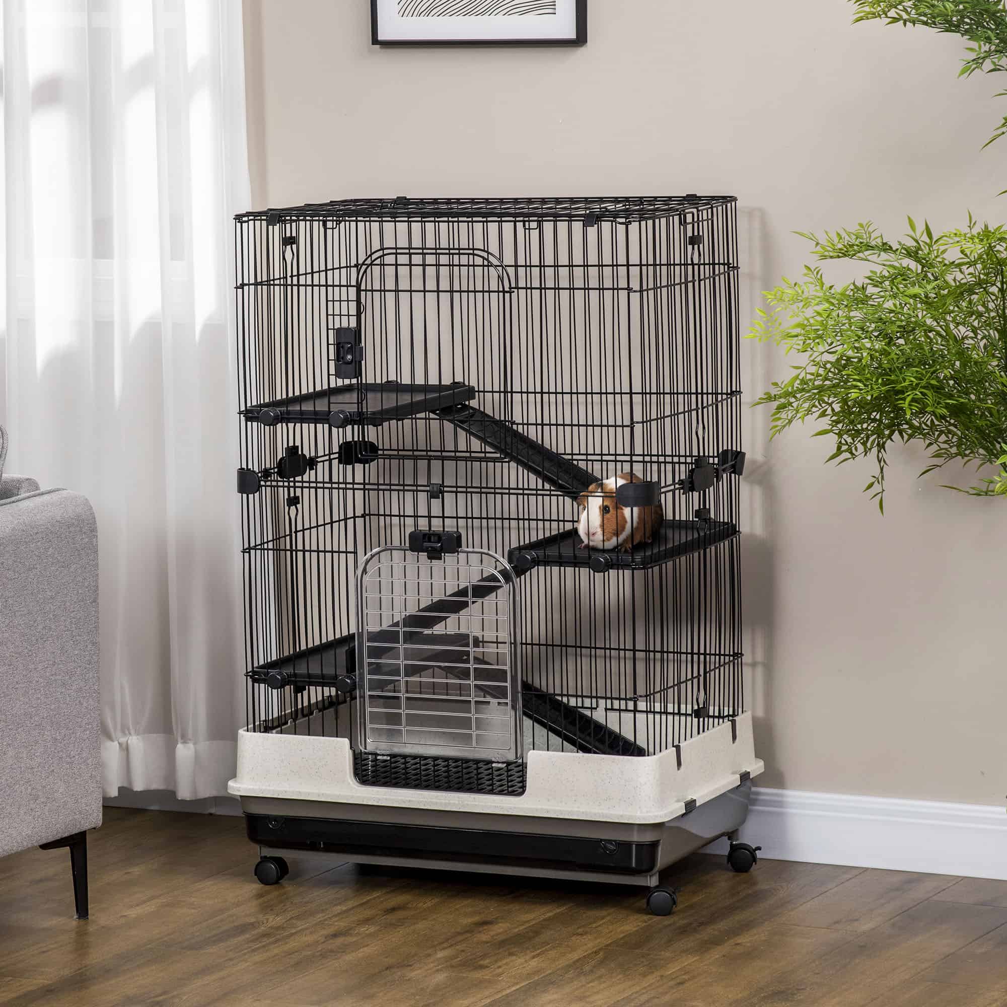 45"H Guinea Pig Cage, 4-Level Rabbit Cage for Ferret, Chinchilla, Hedghog, Bunny, Small Animal Habitat with Wheels, Slide-out Tray, Ramp, Black