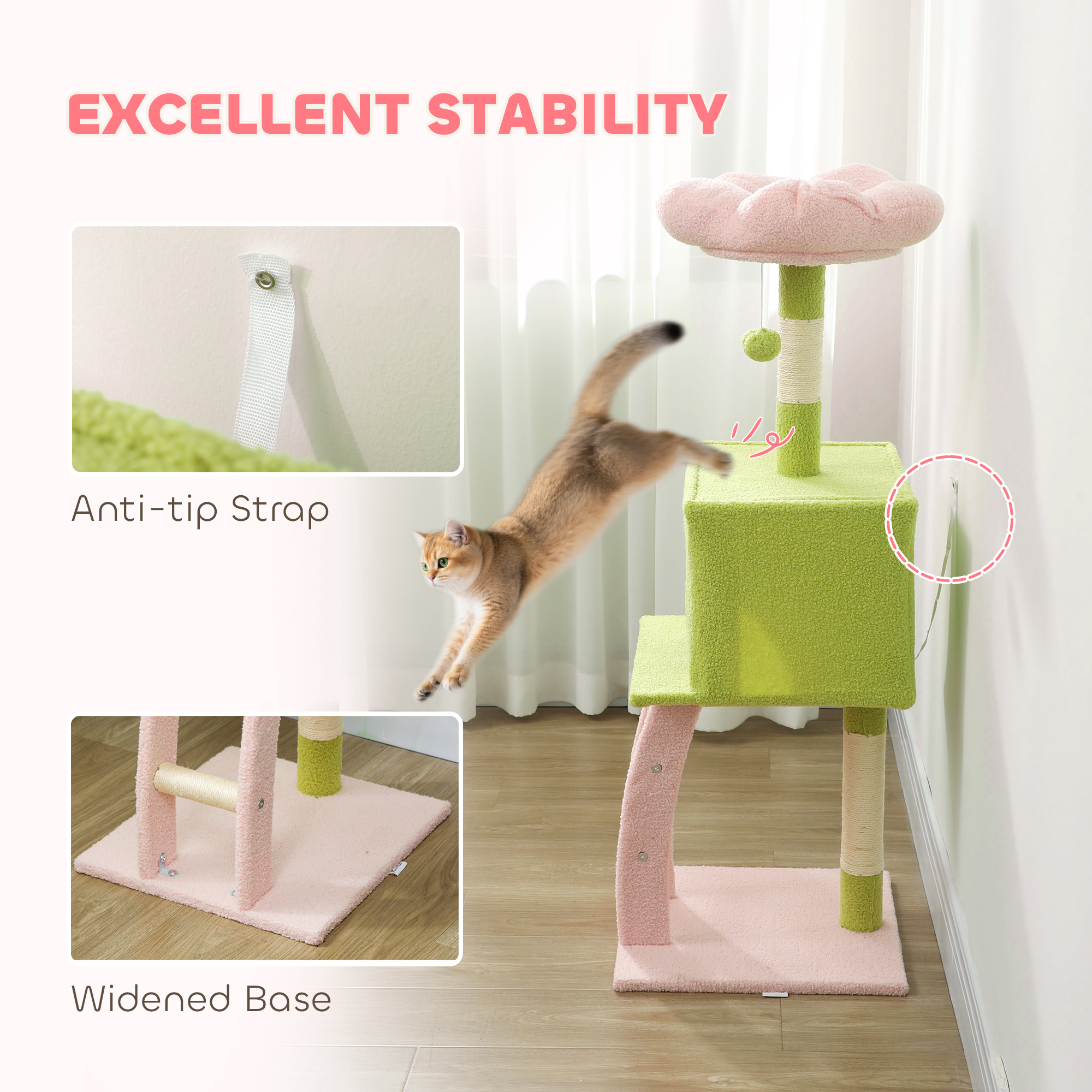 48" Flower Cat Tree with Scratching Post, Cozy Bed, Condo, Climbing Ladder, Perch, Dangling Ball, Green