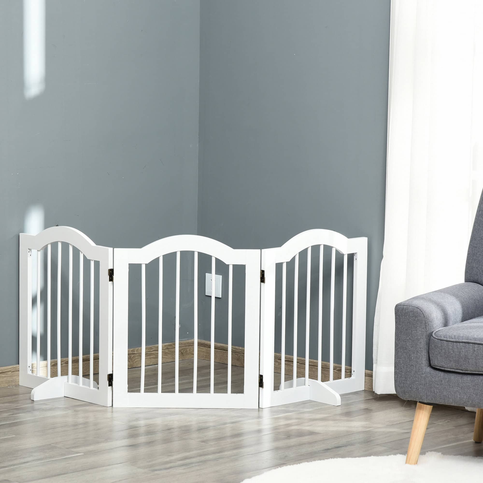 24"H Foldable Dog Gate, 3 Panels Freestanding Pet Gate Barriers Indoor with Support Feet, Puppy Fence for Small Dogs, White - Image 8