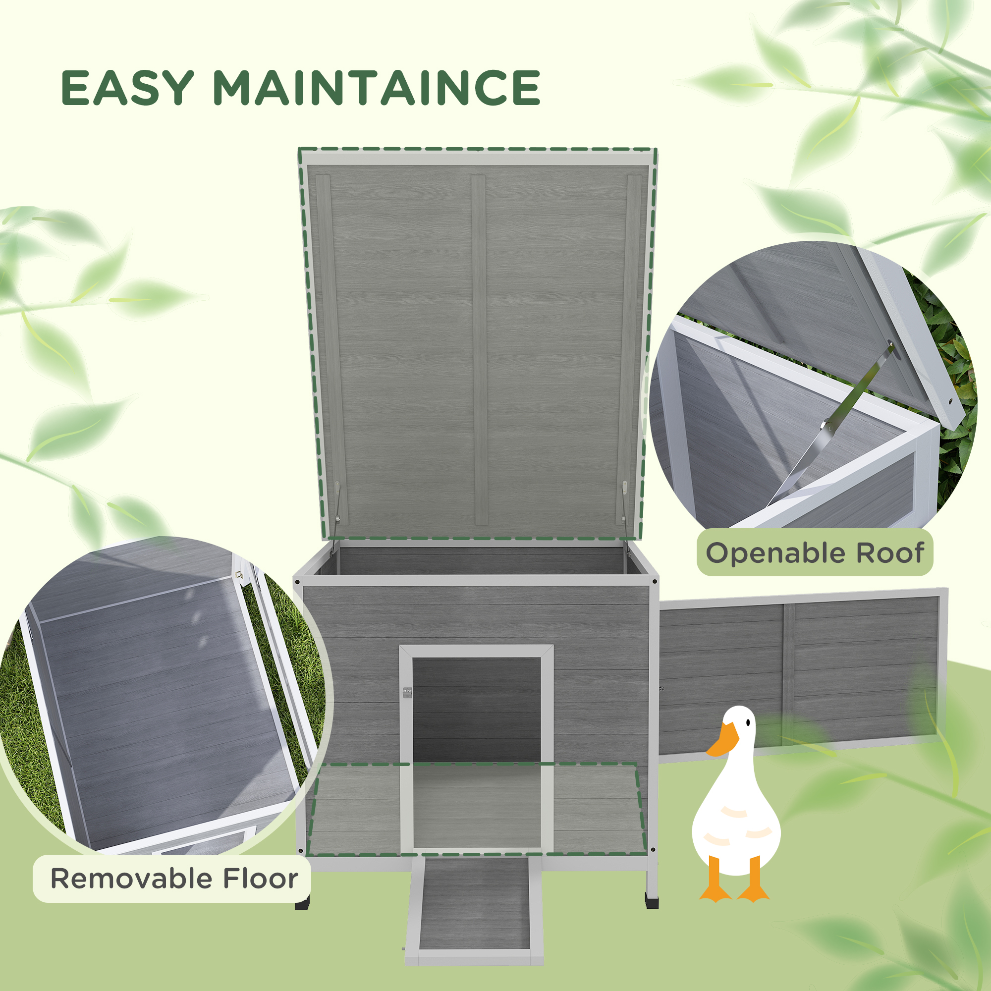 Duck Coop, Wooden Chicken House Rabbit Hutch with Openable Roof, Removable Floor, Double Doors, Ramp, Grey - Image 4