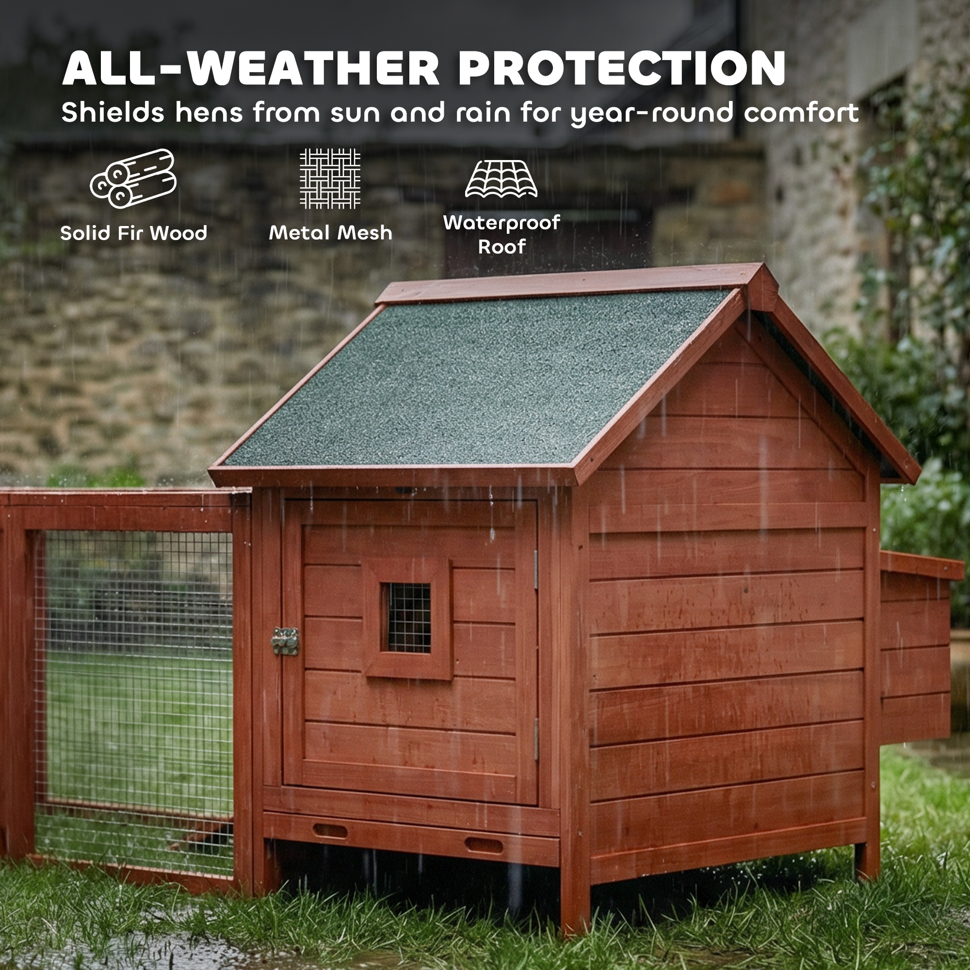 72" Chicken Coop, Wooden Hen House for 2 Chickens, Poultry Cage with Run, Nesting Box, Removable Tray, Waterproof Roof - Image 6