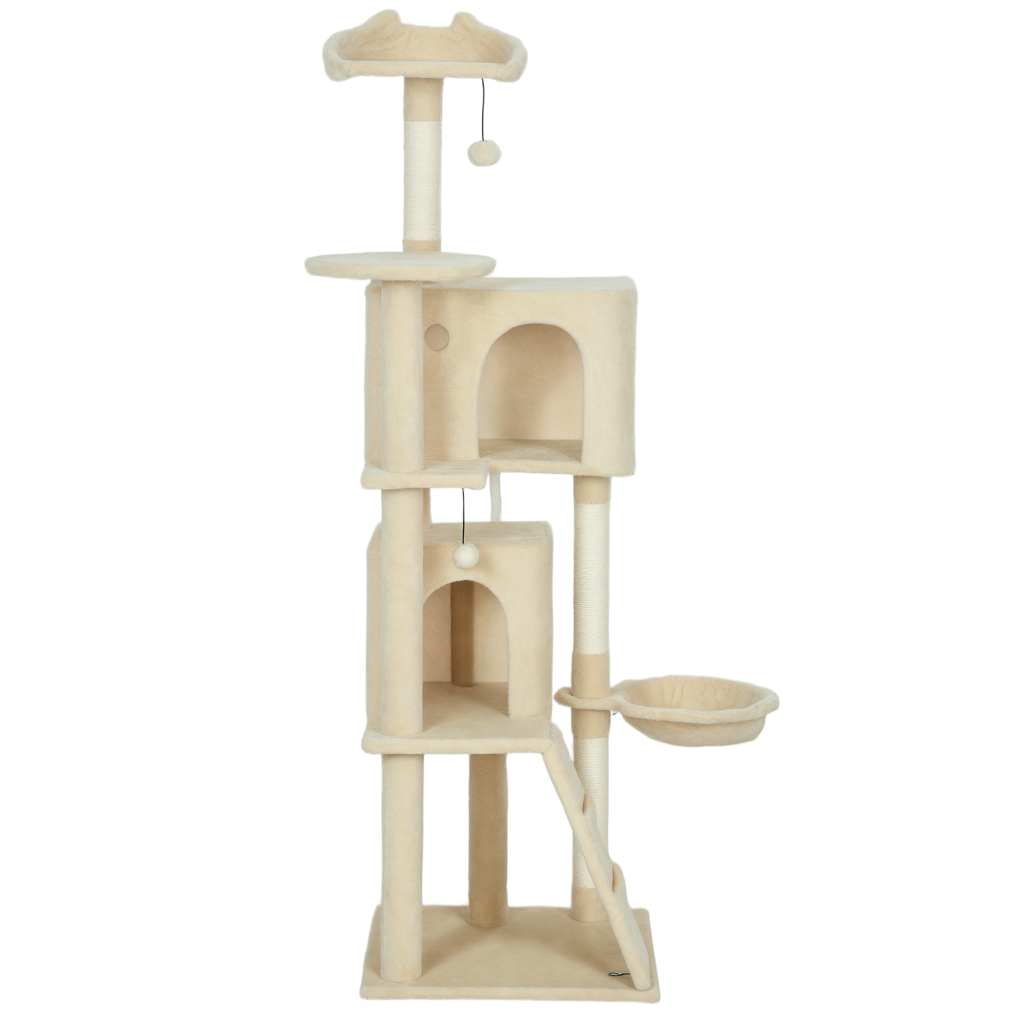 63 Inch Cat Tree with Sisal Scratching Posts, Condos, Plush Perches, Hammock, Ladder, Dangling Balls, Beige