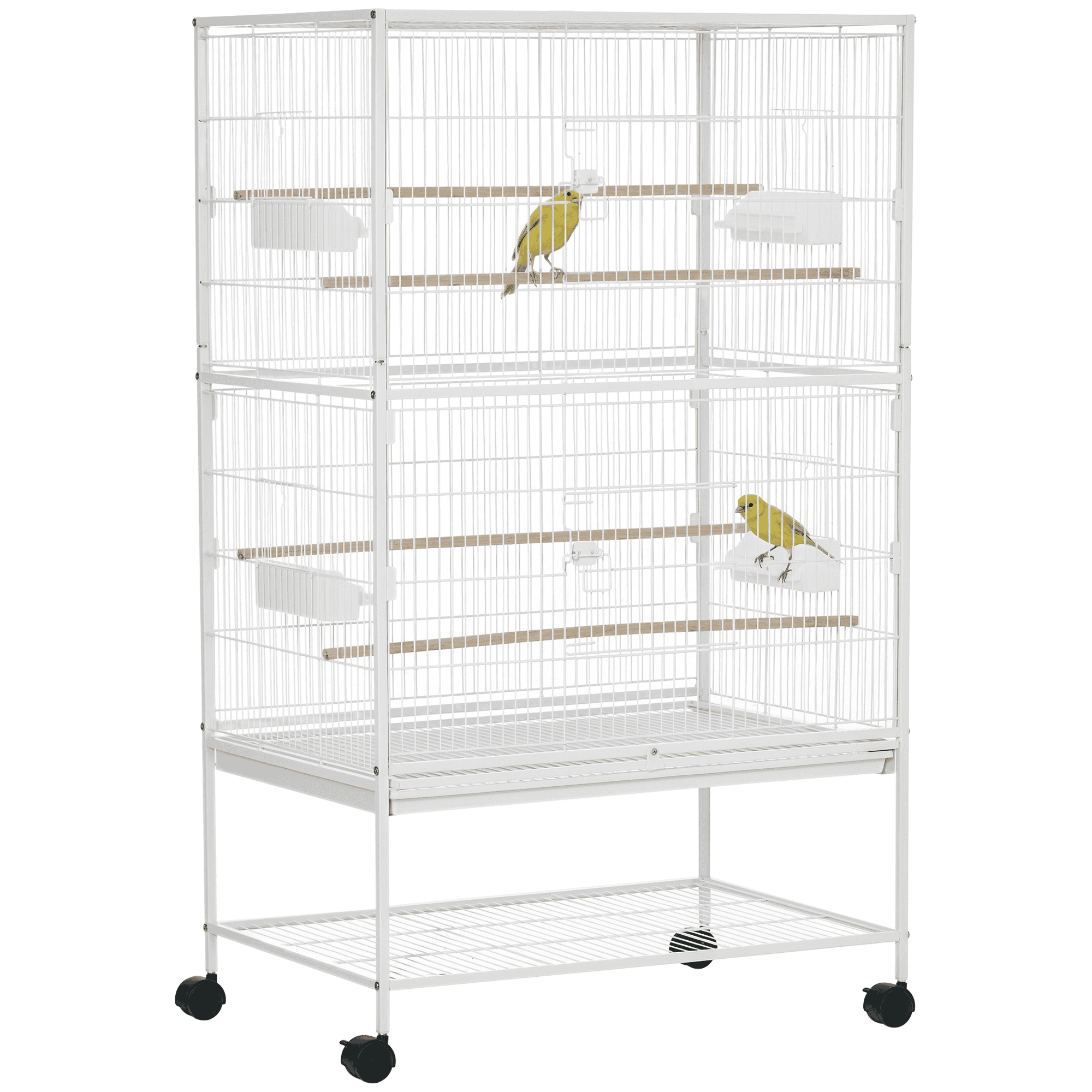 52'' Large Rolling Steel Bird Cage Bird House with Rolling Stand, Storage Shelf, Wood Perch, Food Container, White