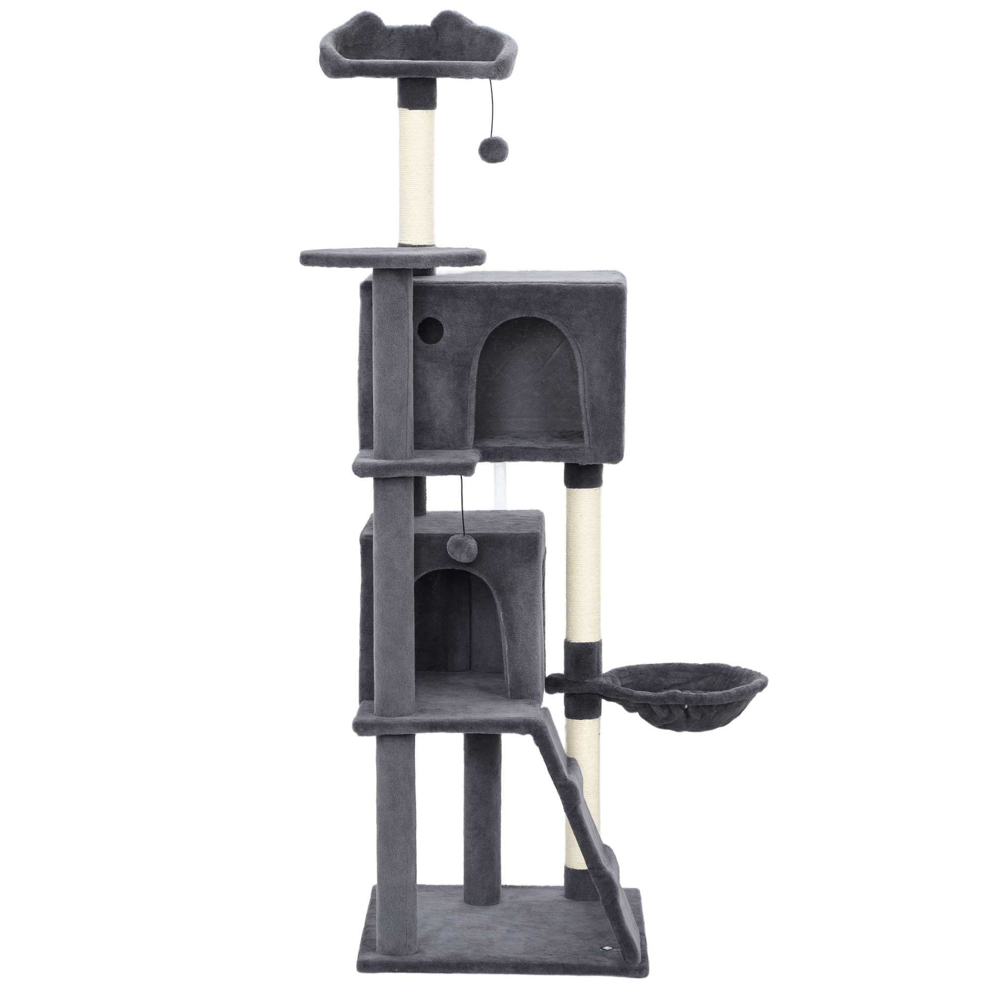 63 Inch Cat Tree with Sisal Scratching Posts, Condos, Plush Perches, Hammock, Ladder, Dangling Balls, Dark Grey