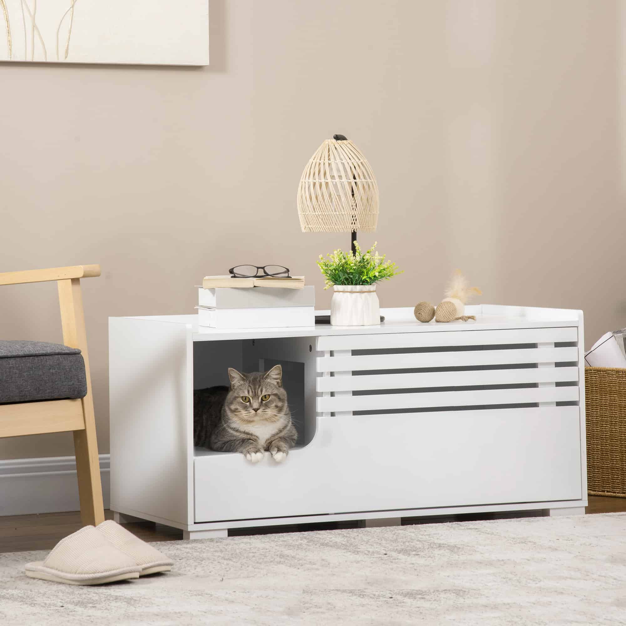 Hidden Cat Litter Box Furniture, Cat Litter Box Enclosure with Storage Compartments and Side Table Function, White - Image 8