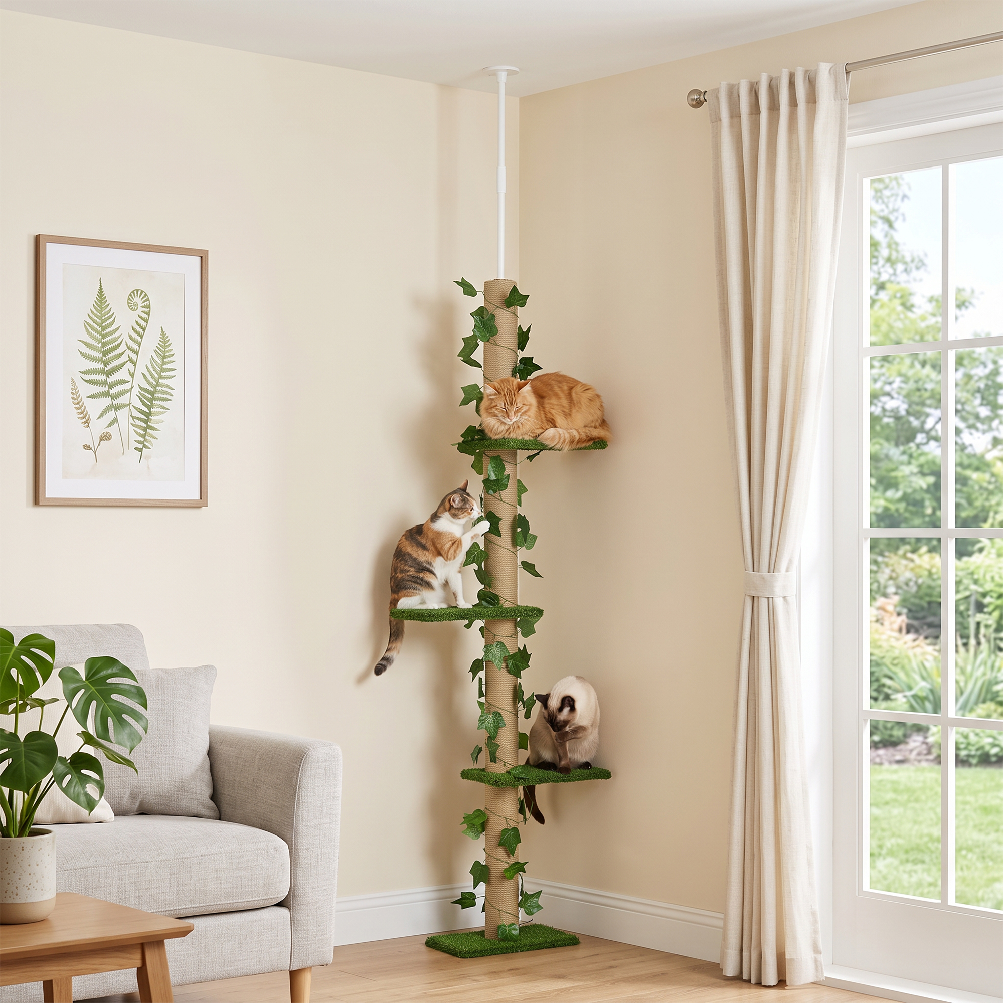 4-Tier Floor to Ceiling Cat Tree, Height(80-95Inches)Adjustable, Tall Cat Tower w/ Anti-Slip Kit, Leaves, Multi-Layer Activity Centre w/ Scratching Post