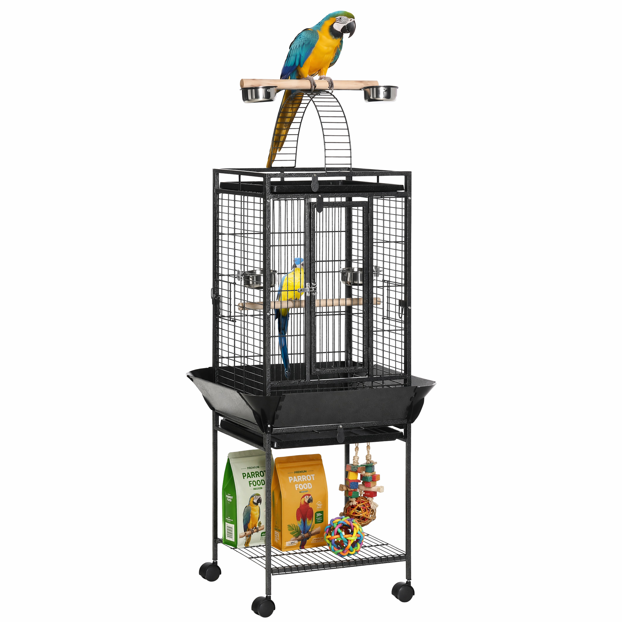 61.5 Inch Bird Cage Parakeet House for Cockatiel with Stand, Pull Out Tray, Play Top, Storage Shelf, Wood Perch, Food Container