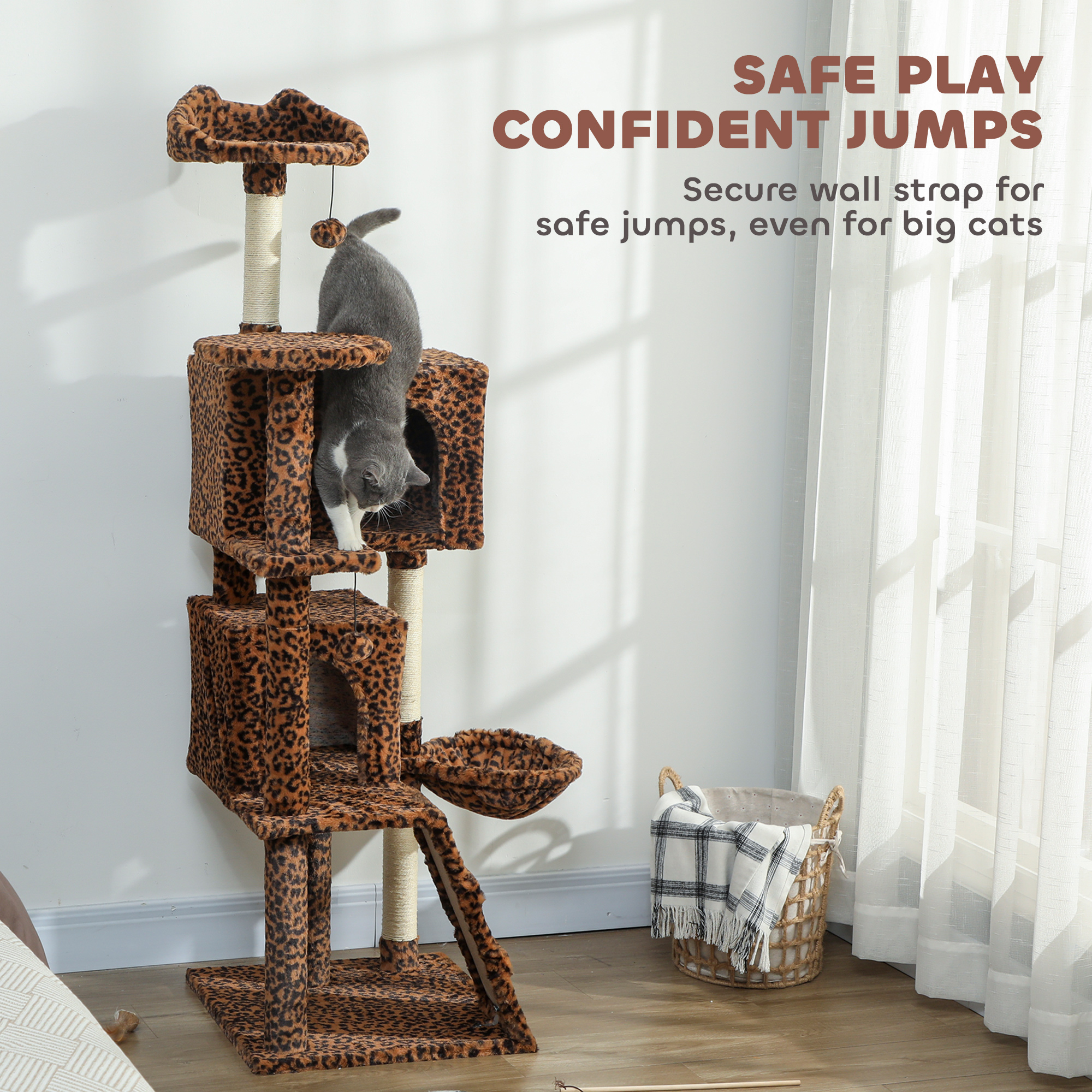 63 Inch Cat Tree with Sisal Scratching Posts, Condos, Plush Perches, Hammock, Ladder, Dangling Balls, Leopard Print - Image 6