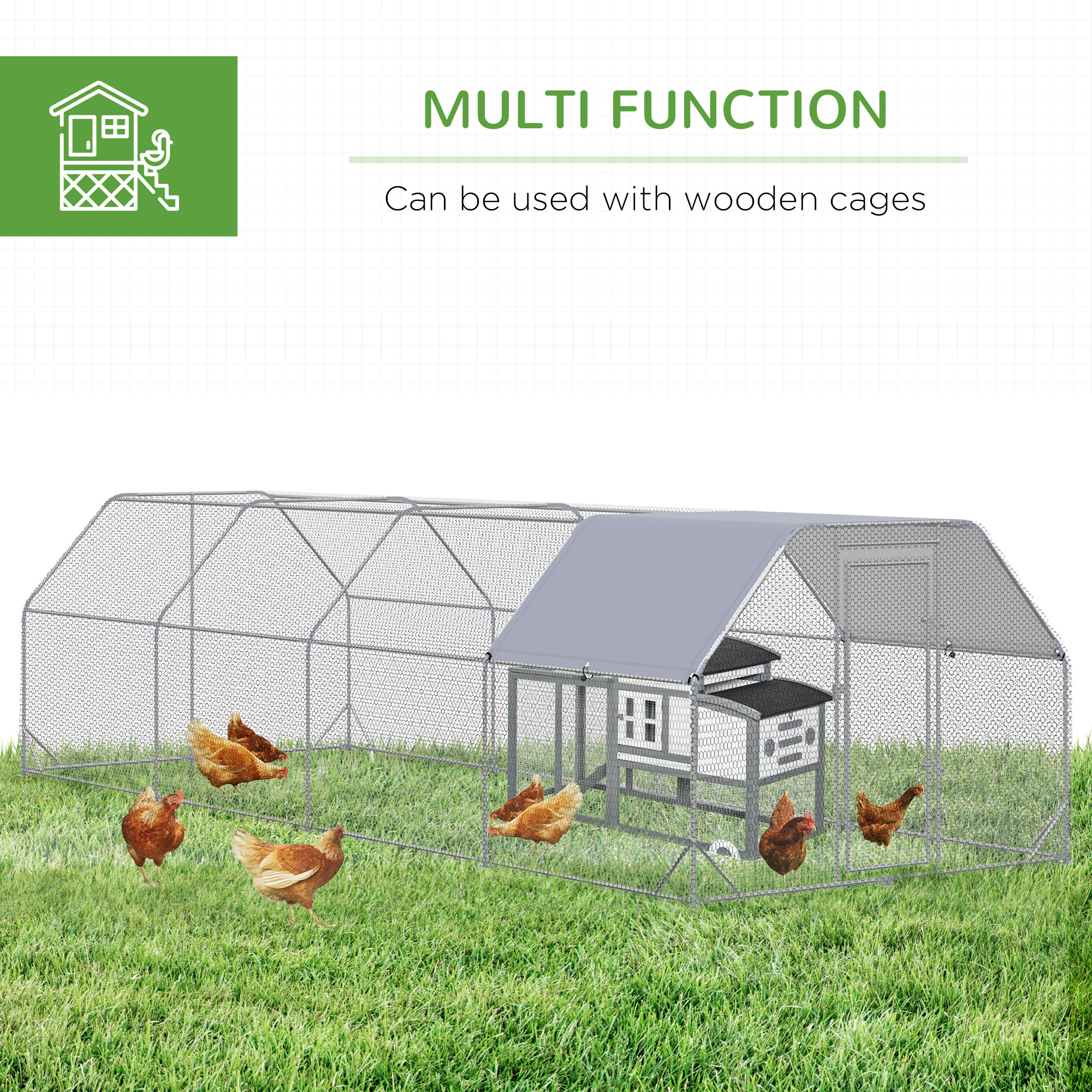 Chicken Run Outdoor, Galvanized Large Metal Chicken Coop Cage, Walk-in Enclosure Poultry Hen Run House Playpen Rabbit Hutch with Flat Roof, Cover, 9.2'x24.9'x6.5',Silver