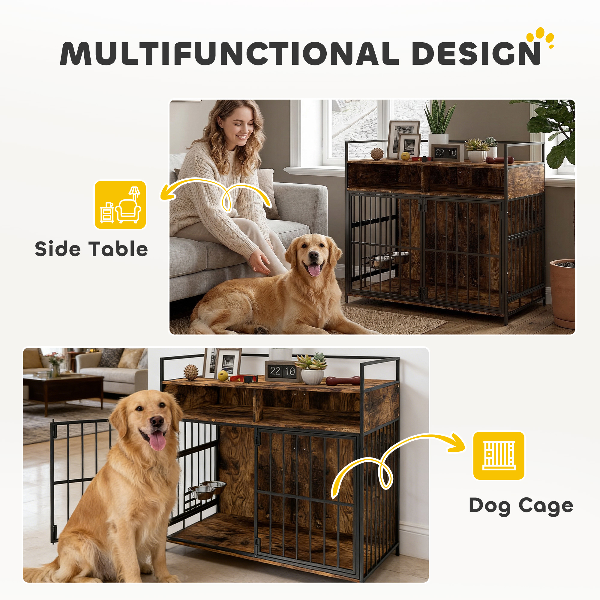 Dog Crate Furniture with Rotating Feeding Station Dog Kennel End Table Storage Shelves, Rustic Brown