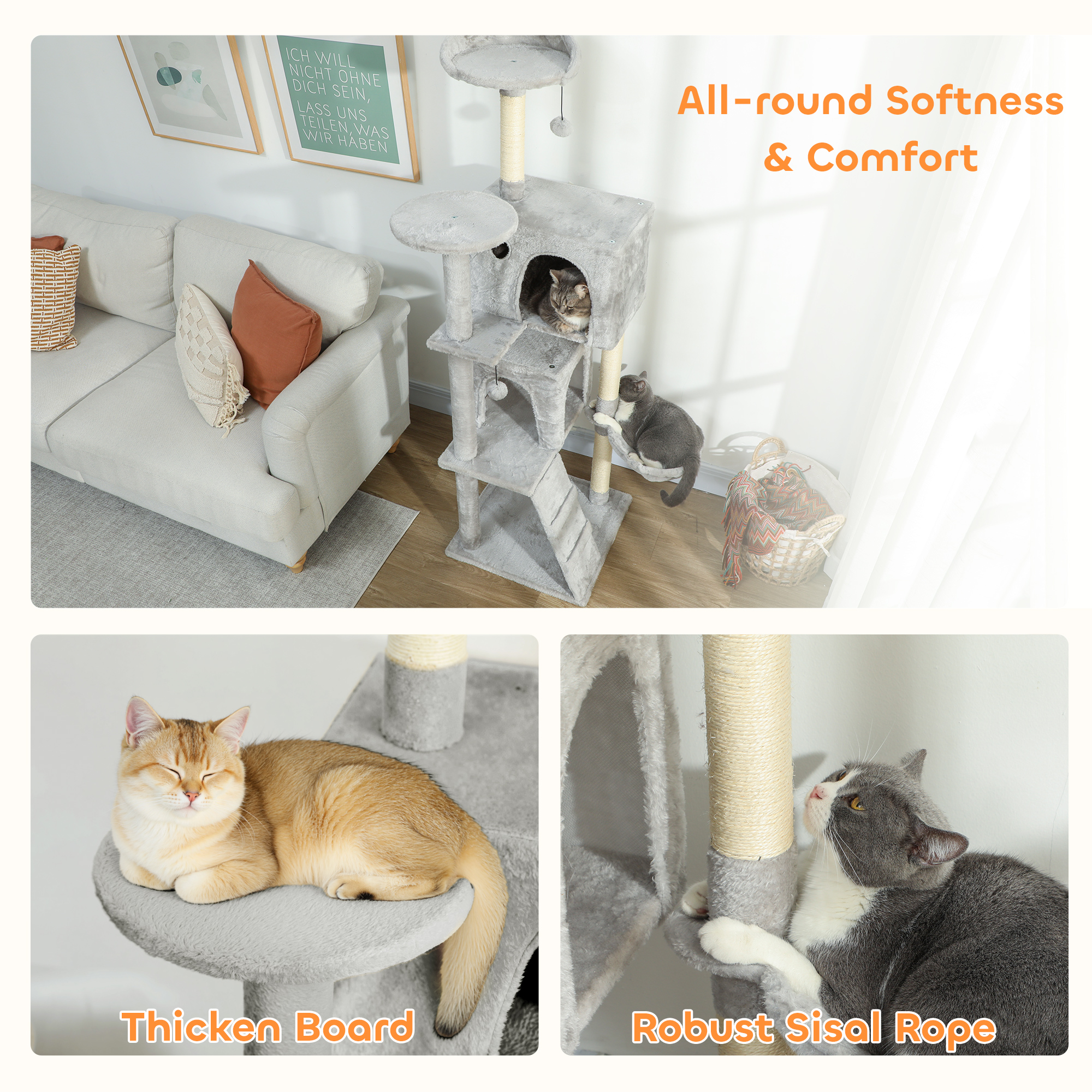 63 Inch Cat Tree with Sisal Scratching Posts, Condos, Plush Perches, Hammock, Ladder, Dangling Balls, Light Grey