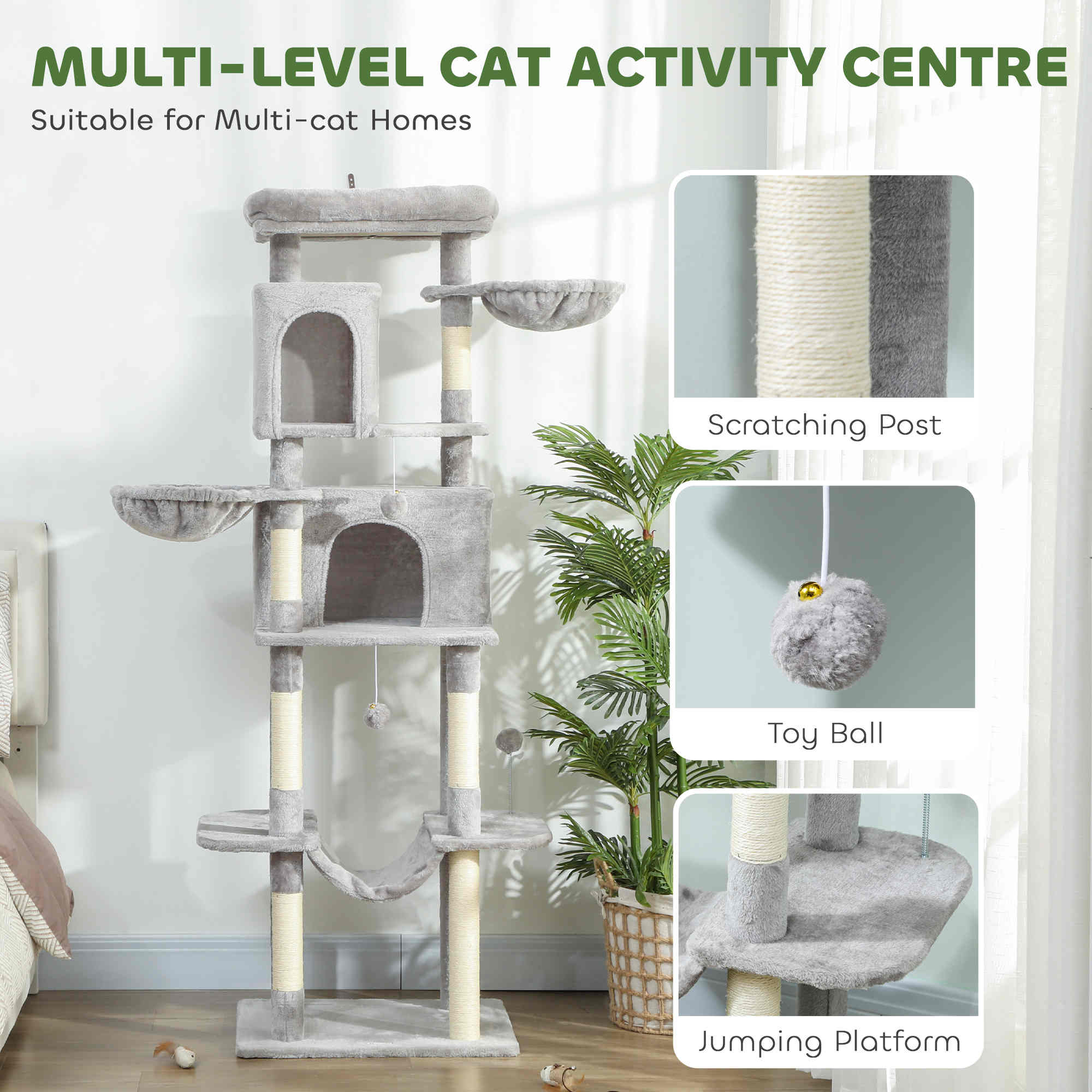 69" Cat Tree, Multi-Level Cat Tower with 2 Condos, Plush Perch and Sisal Scratching Posts, Light Grey