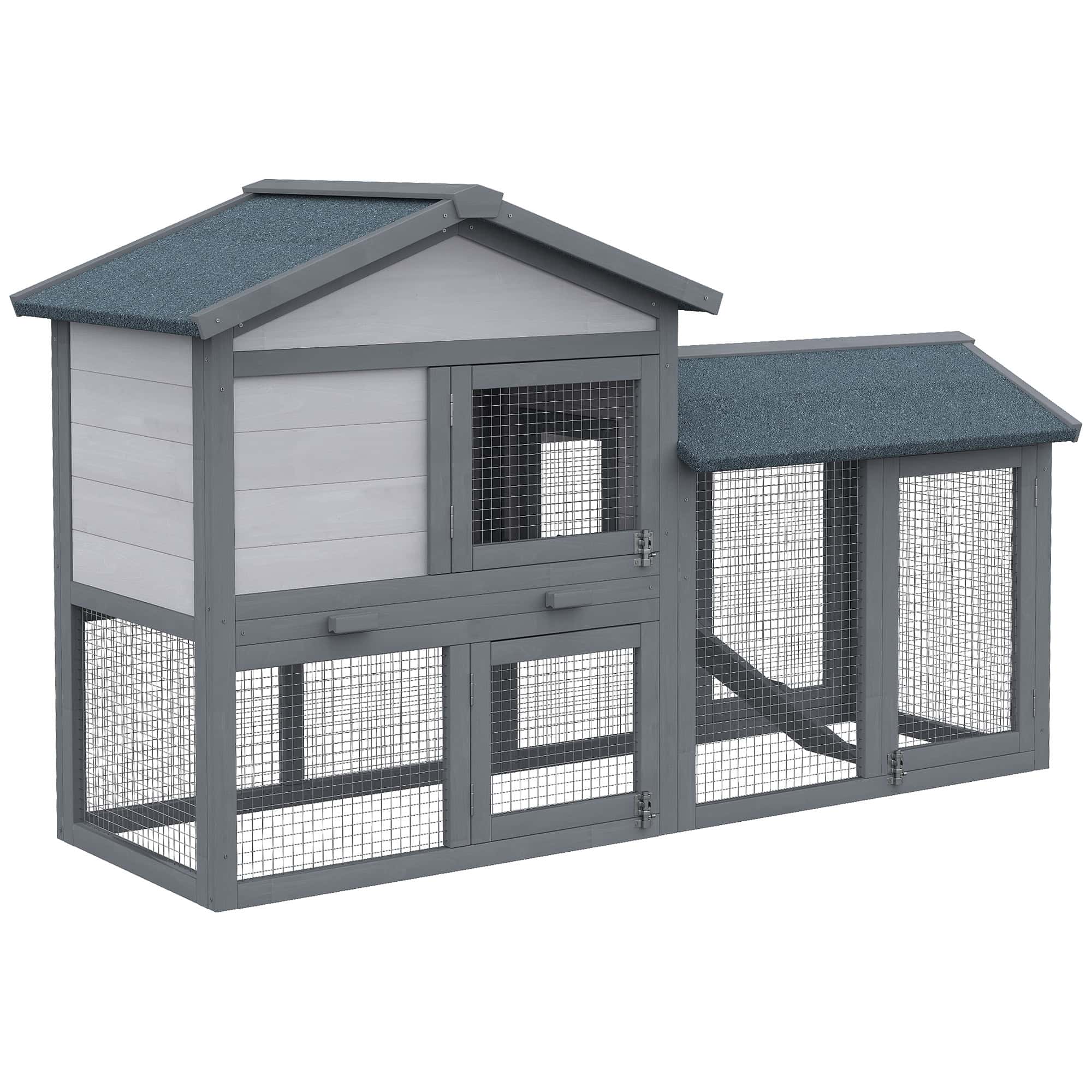 Wood Rabbit Hutch Backyard Bunny Cage Small Animal House Asphalt Roof w/ Ramp and Outdoor Run Dark Grey