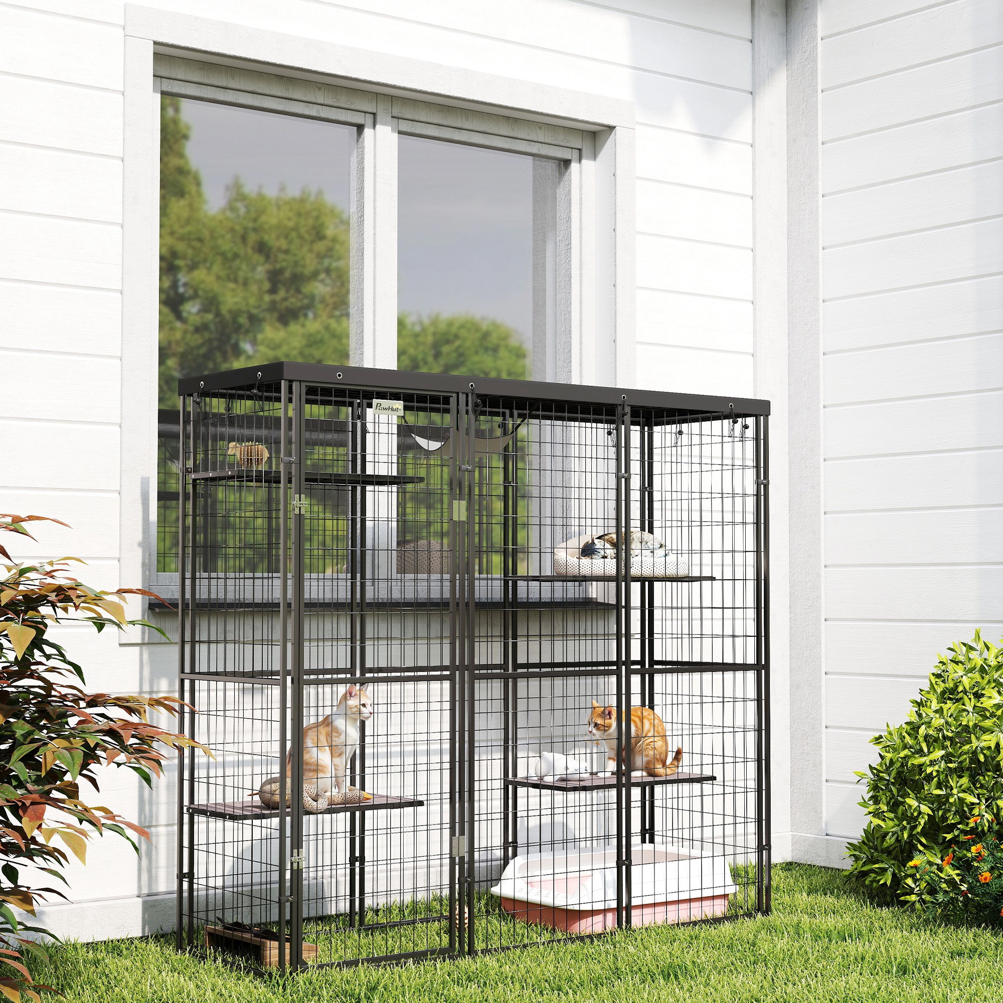 Weld Wire Catio Outdoor Indoor with Waterproof Cover, 4 Jumping Platforms, Hammock, 69" x 22" x 62", Black