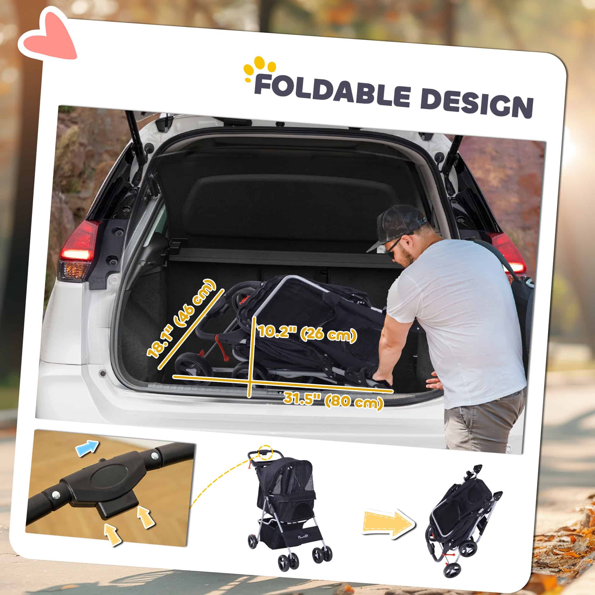 Cat Dog Stroller, One-click Foldable Pet Stroller w/Cup Holder, 4 Wheels Travel Carrier w/Brakes, 360° Swiveling Front Wheels, Storage Basket, for XS/Small Dogs Cats, Black