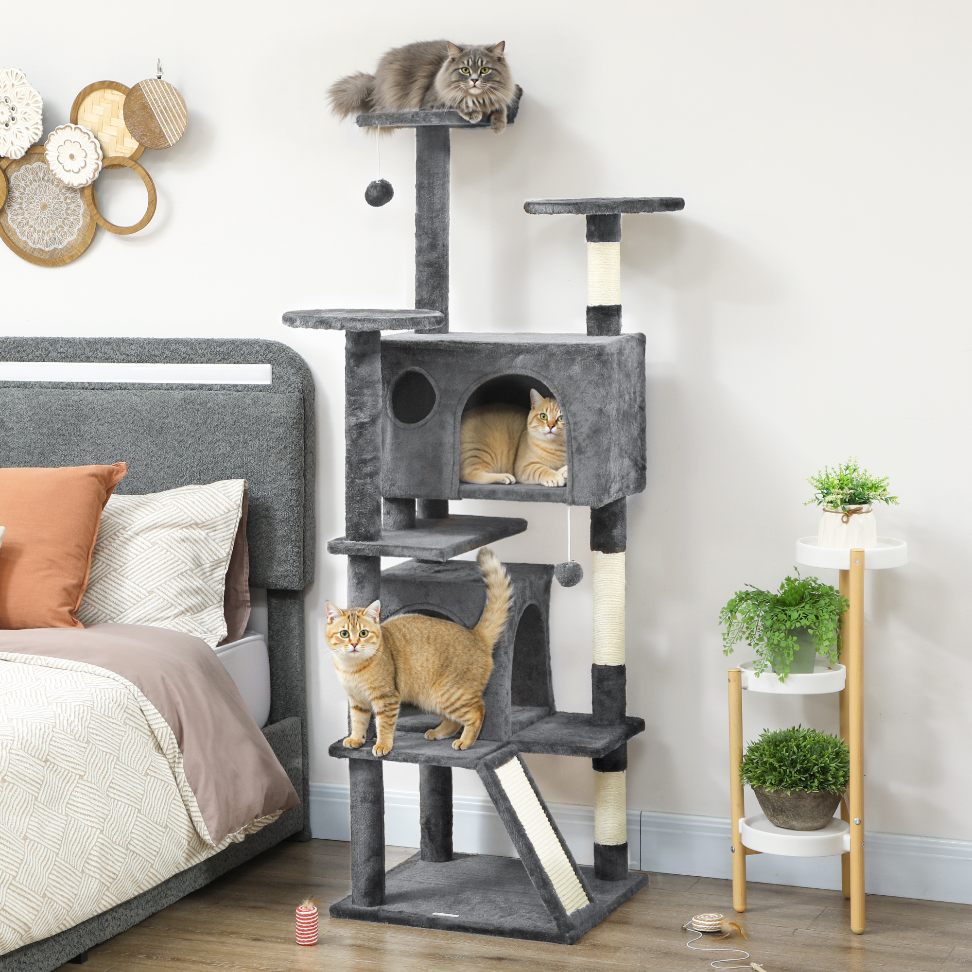63" Cat Tree, Multi-Level Cat Tower with Scratching Posts, Cat Condos, Bed, Platforms, Ramp, Toy Ball, Dark Grey
