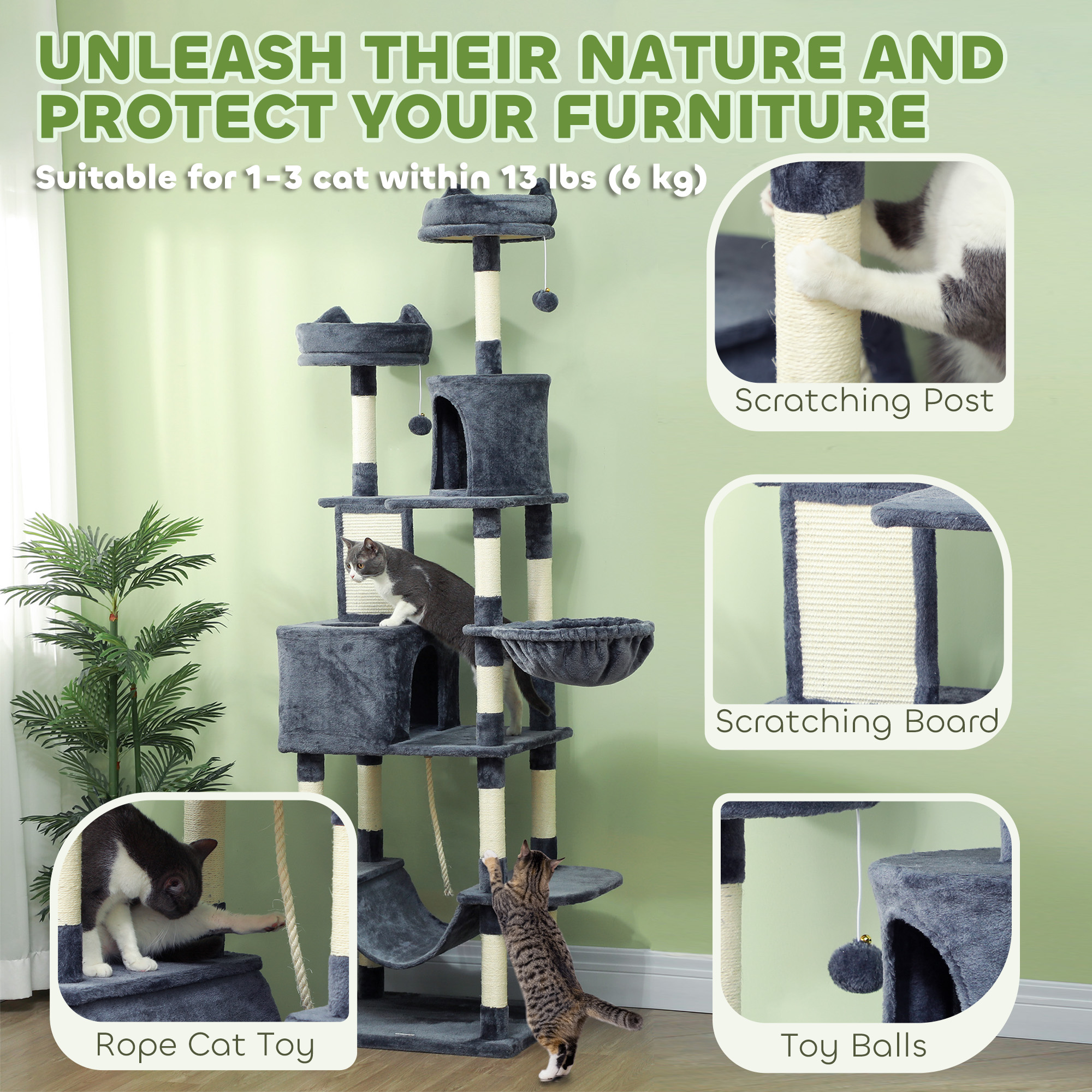 81" Large Cat Tree w/ Scratching Posts, Condos, Beds, Hammocks, Jumping Platforms, Toy Balls, Rope Cat Toy, Dark Grey