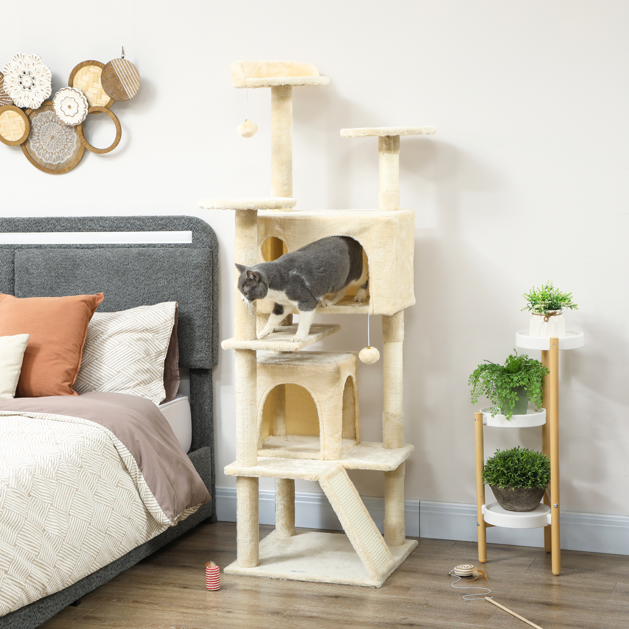 63" Cat Tree, Multi-Level Cat Tower with Scratching Posts, Cat Condos, Bed, Platforms, Ramp, Toy Ball, Cream White