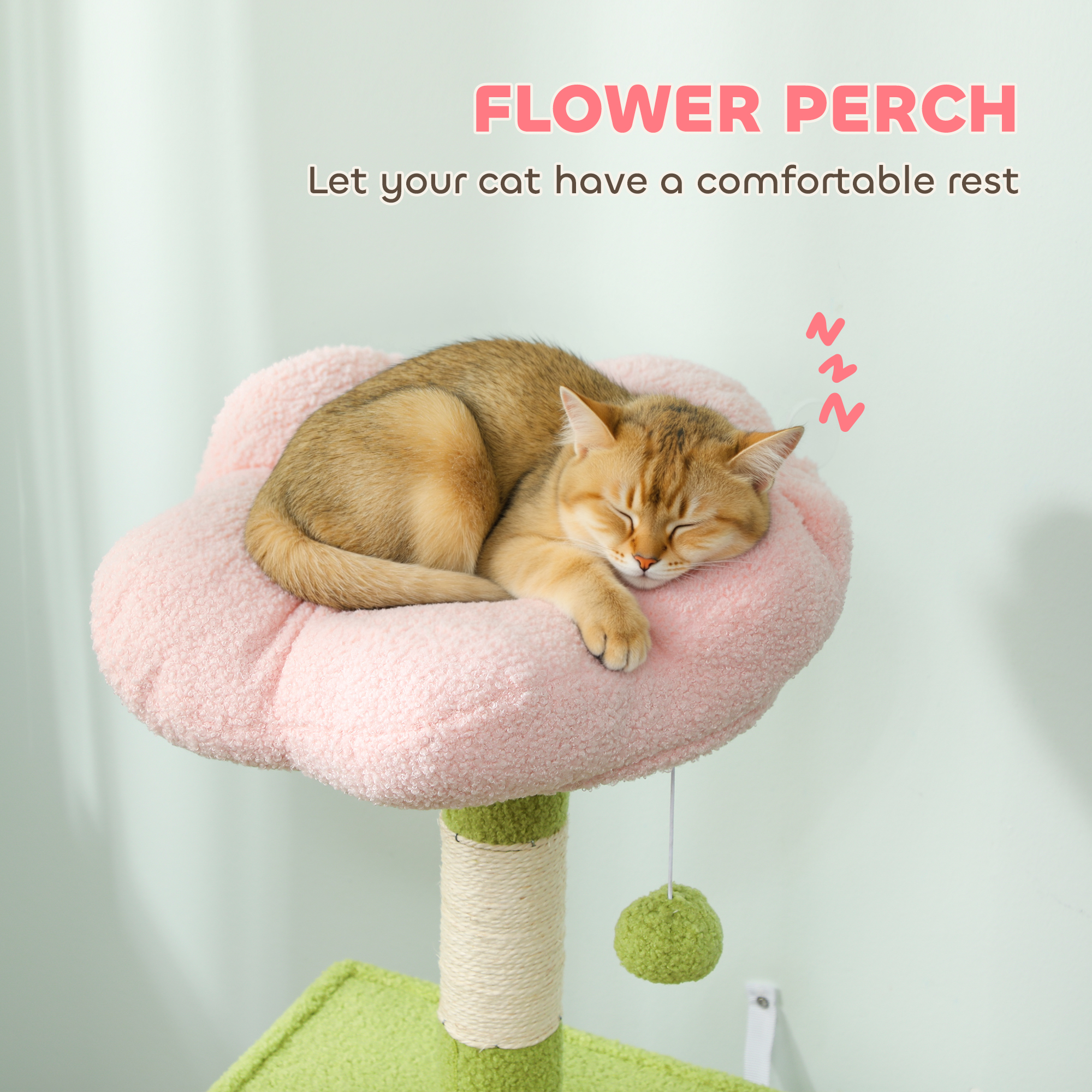 48" Flower Cat Tree with Scratching Post, Cozy Bed, Condo, Climbing Ladder, Perch, Dangling Ball, Green