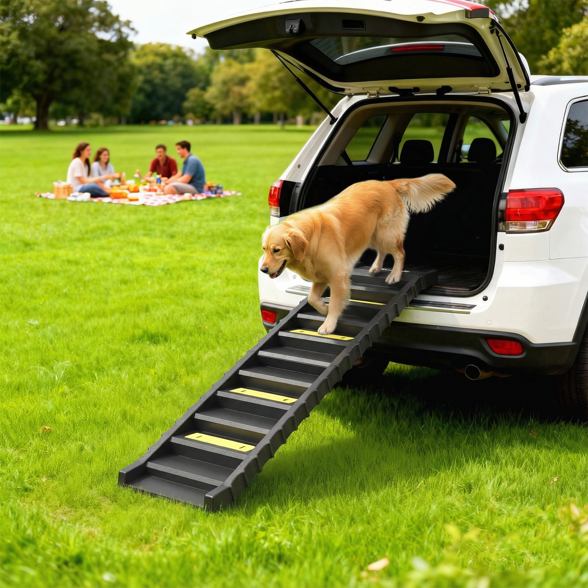 Foldable Dog Car Ramp, Dog Ramp with Anti-Slip Steps, Pet Stairs for Senior Pets to Access Cars and High Beds, Black